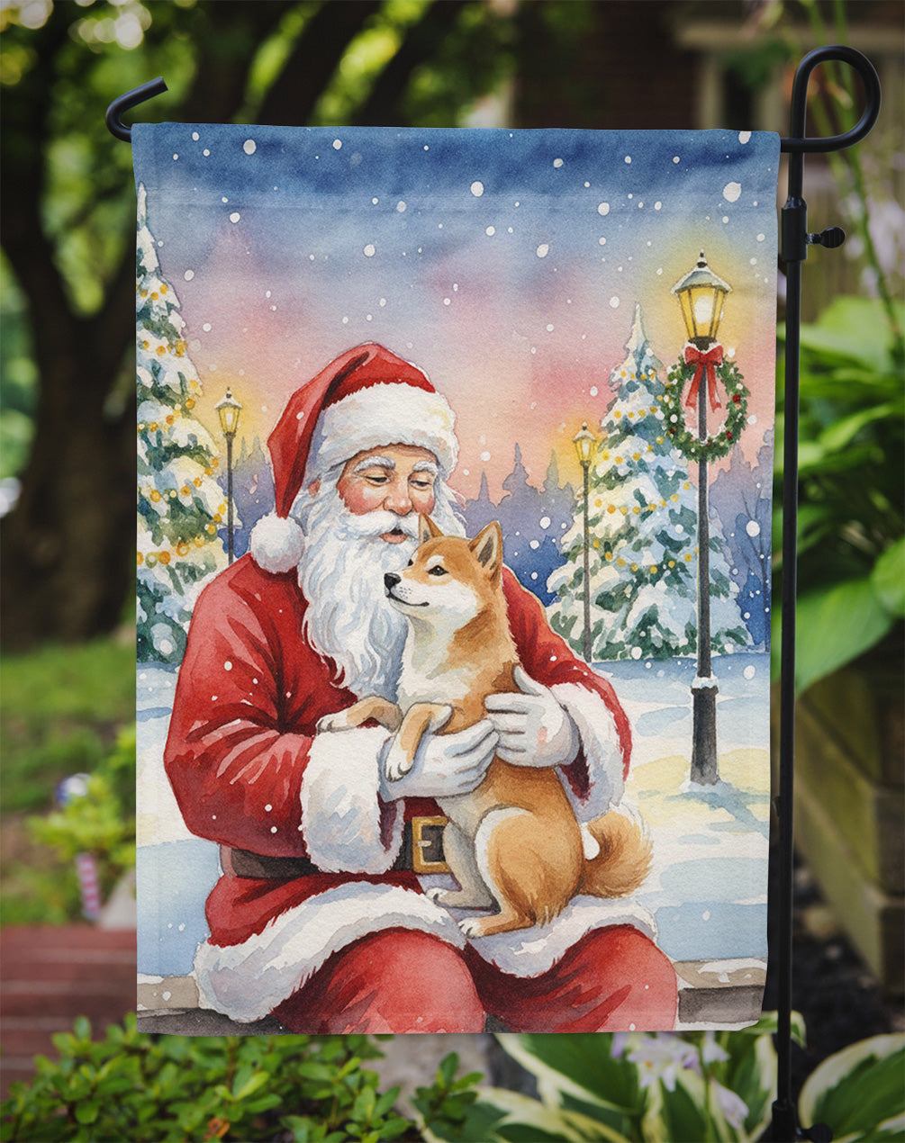 Shiba Inu with Santa Claus Garden Flag Mailbox Decorative Yard Banner Outside Patio Artwork for Flower Beds, Garden Size, Multicolor