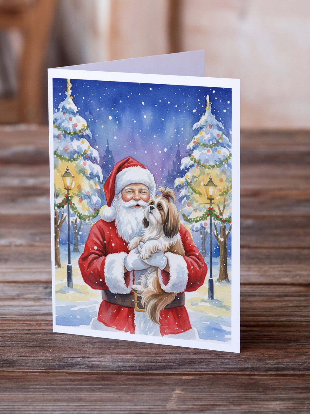 Shih Tzu with Santa Claus Greeting Cards Pack of 8 Blank Cards with Envelopes Whimsical A7 Size 5x7