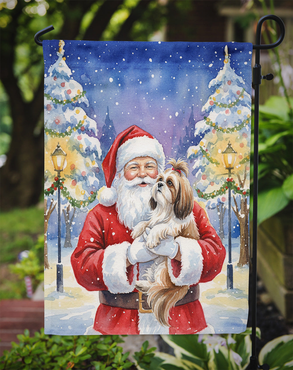 Shih Tzu with Santa Claus Garden Flag Mailbox Decorative Yard Banner Outside Patio Artwork for Flower Beds, Garden Size, Multicolor