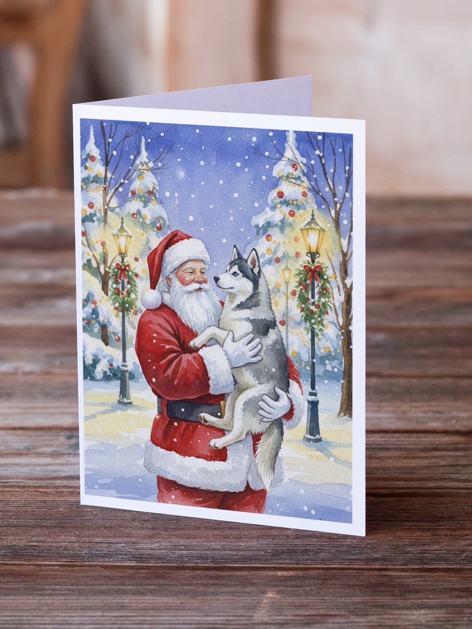 Siberian Husky with Santa Claus Greeting Cards Pack of 8 Blank Cards with Envelopes Whimsical A7 Size 5x7