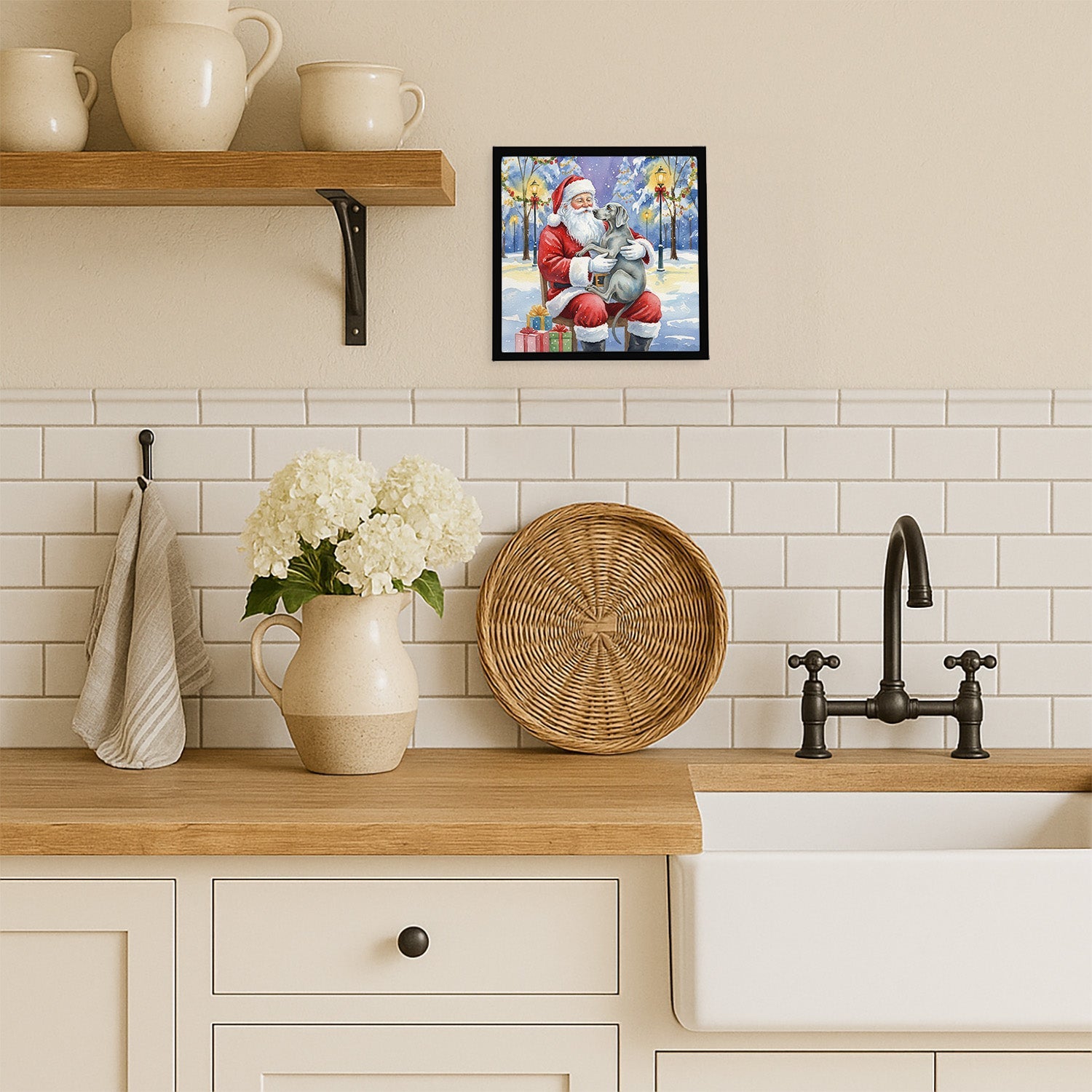 Weimaraner with Santa Claus Framed Metal Print Bathroom, Kitchen, Office, Home Decor Wall Art Ready to Hang, Square, 8X8