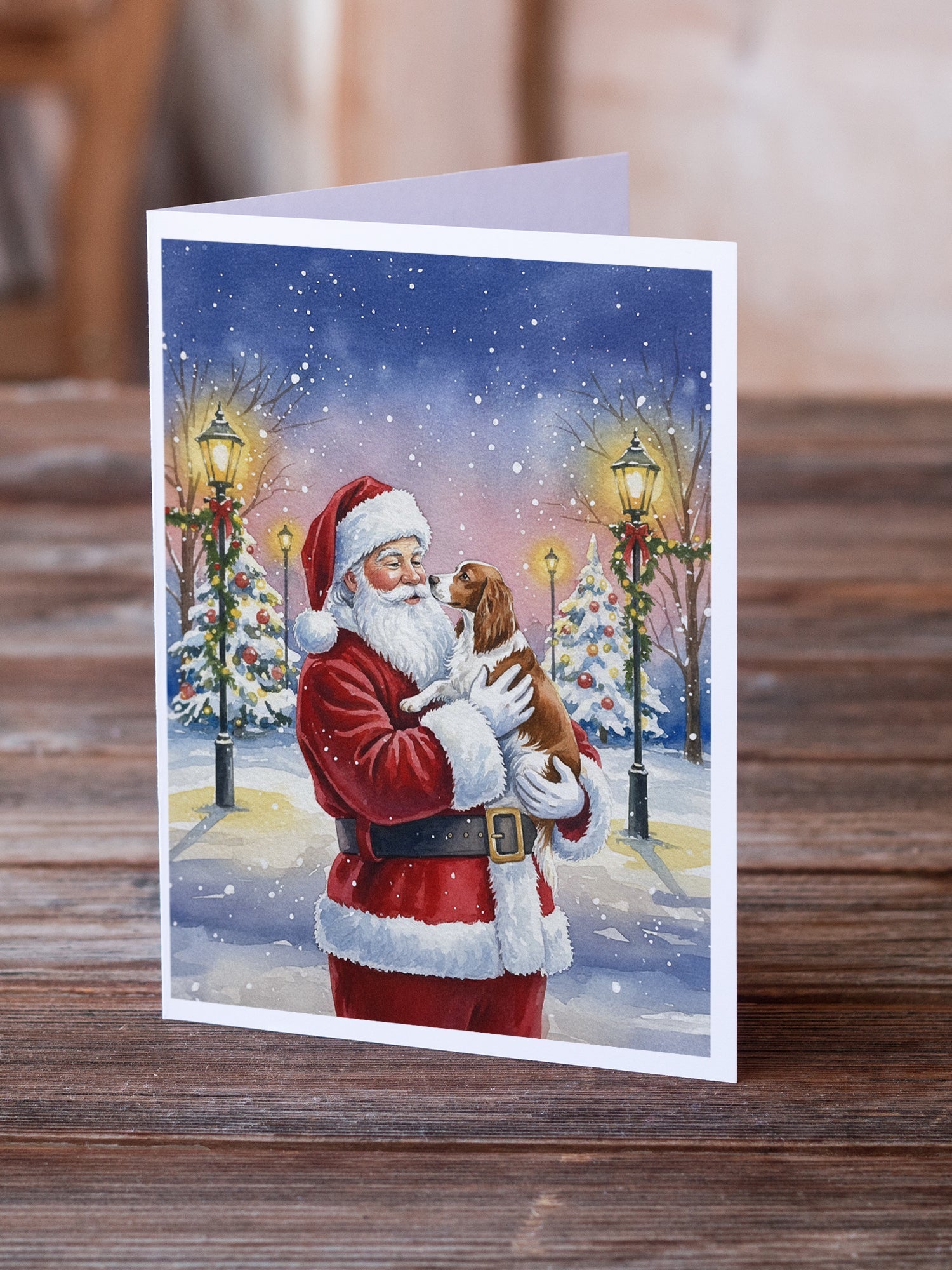 Welsh Springer Spaniel with Santa Claus Greeting Cards Pack of 8 Blank Cards with Envelopes Whimsical A7 Size 5x7