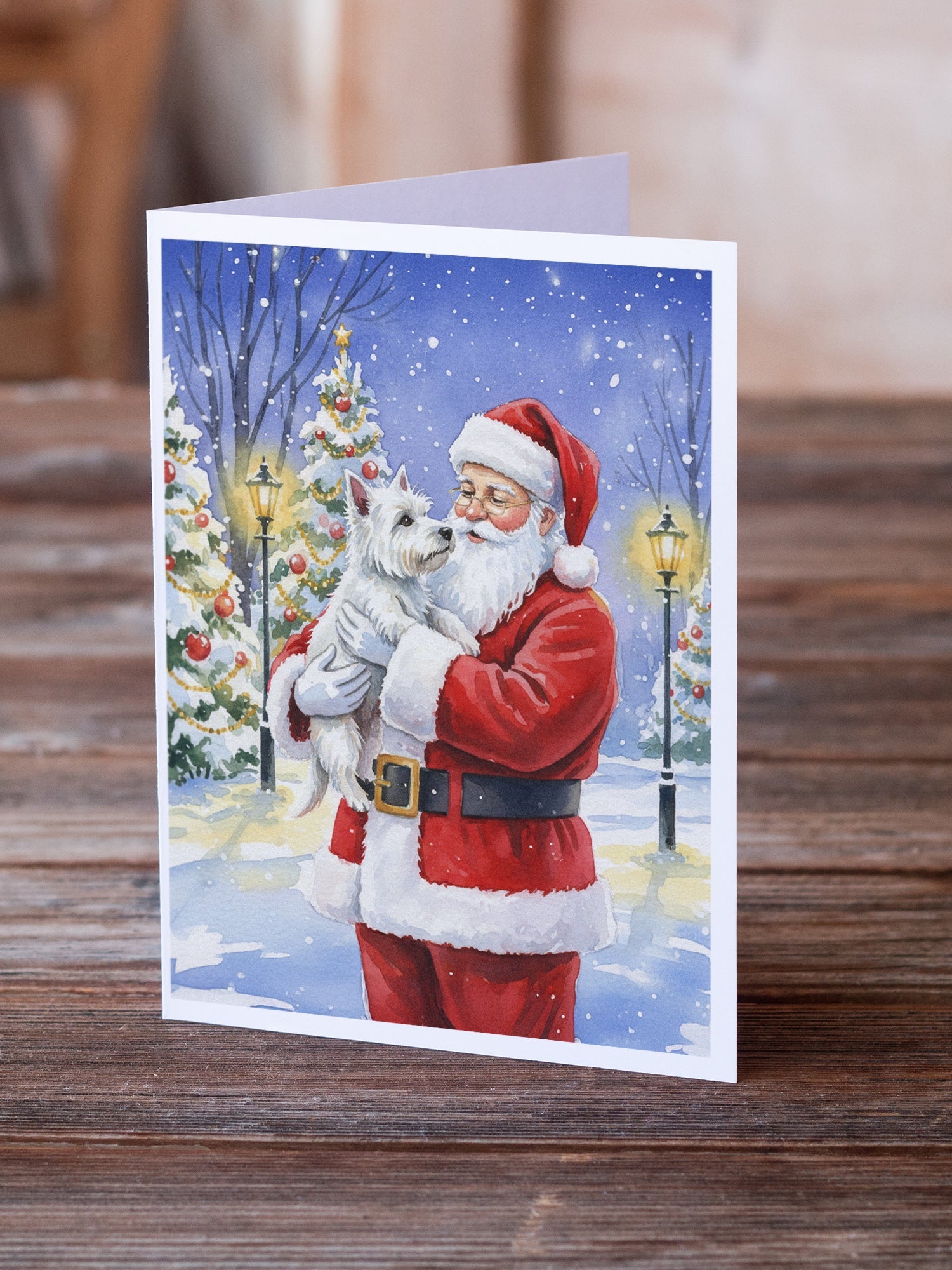 Westie with Santa Claus Greeting Cards Pack of 8 Blank Cards with Envelopes Whimsical A7 Size 5x7