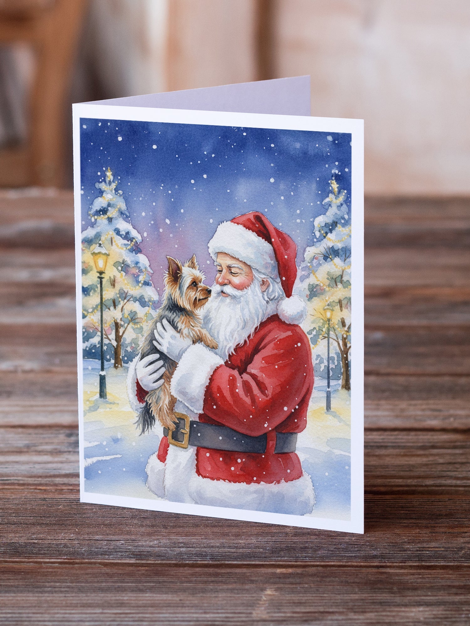 Yorkie with Santa Claus Greeting Cards Pack of 8 Blank Cards with Envelopes Whimsical A7 Size 5x7
