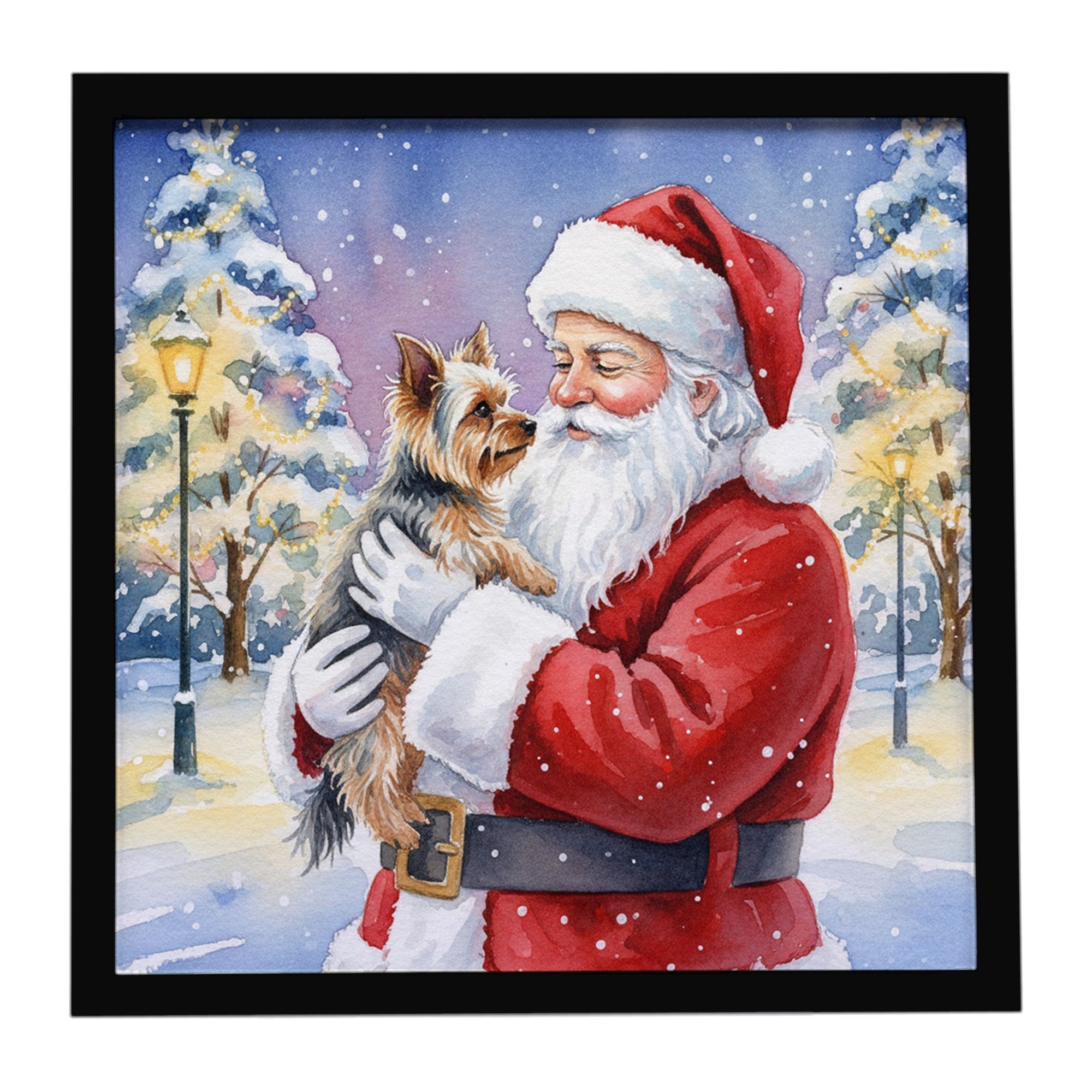 Yorkie with Santa Claus Framed Metal Print Bathroom, Kitchen, Office, Home Decor Wall Art Ready to Hang, Square, 8X8