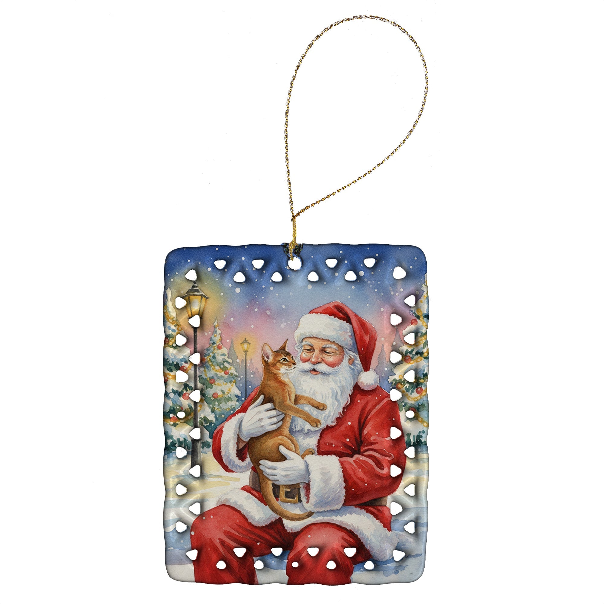 Abyssinian Cat with Santa Claus Porcelain Ornament Christmas Tree Hanging Decorations for Home Christmas Holiday, Rectangle, Gift, Multicolor