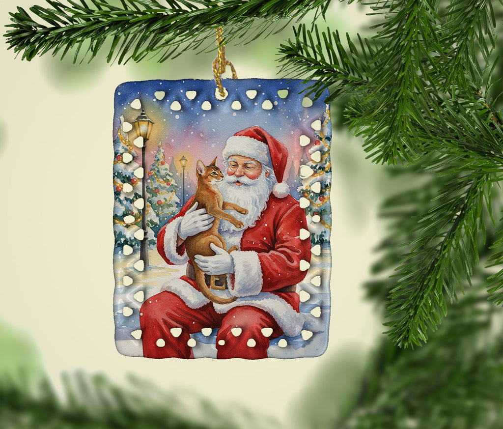 Abyssinian Cat with Santa Claus Porcelain Ornament Christmas Tree Hanging Decorations for Home Christmas Holiday, Rectangle, Gift, Multicolor