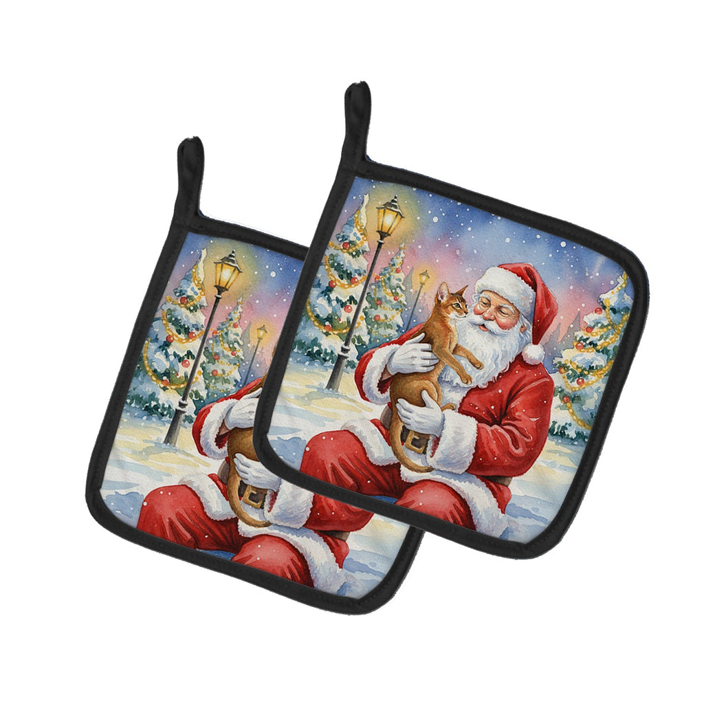 Abyssinian Cat with Santa Claus Pot Holder Set of 2 Heat Resistant Quilted Hot Pads 7.5 x 7.5 Inch, Insulated Kitchen Trivets for Cooking & Baking