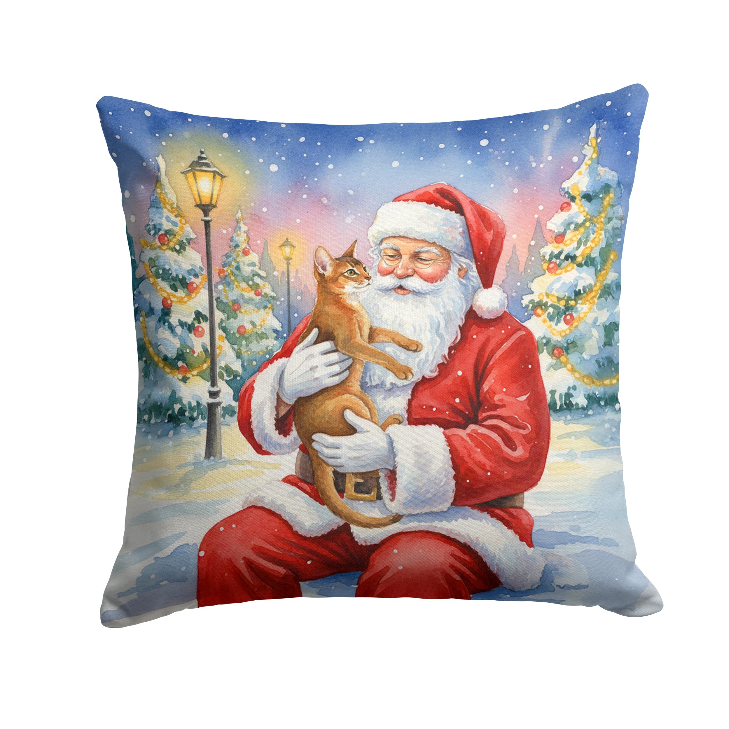 Abyssinian Cat with Santa Claus Decorative Throw Pillow 14x14 Indoor Outdoor Accent Cushion, Fabric Cover with Insert for Sofa, Bed, Porch & Living Room