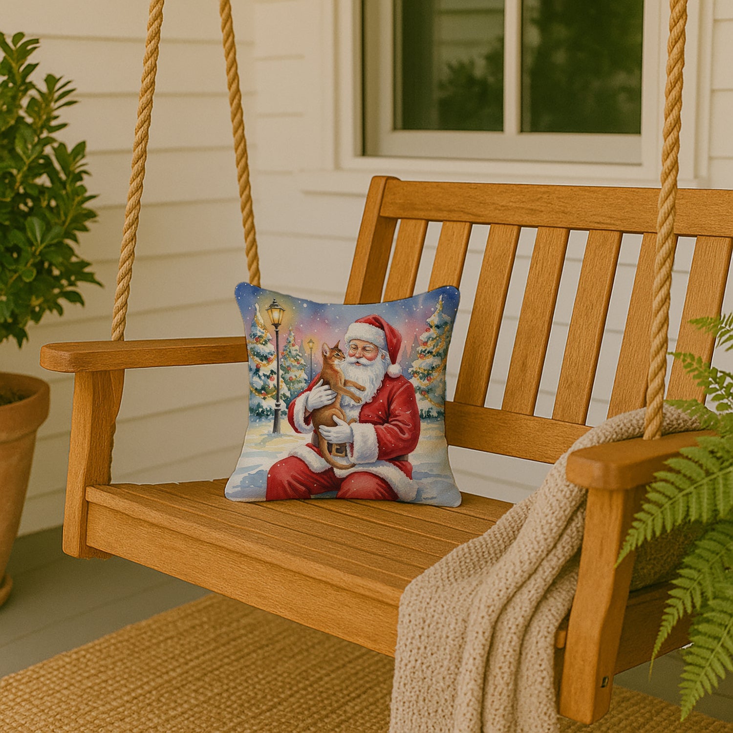 Abyssinian Cat with Santa Claus Decorative Throw Pillow 14x14 Indoor Outdoor Accent Cushion, Fabric Cover with Insert for Sofa, Bed, Porch & Living Room