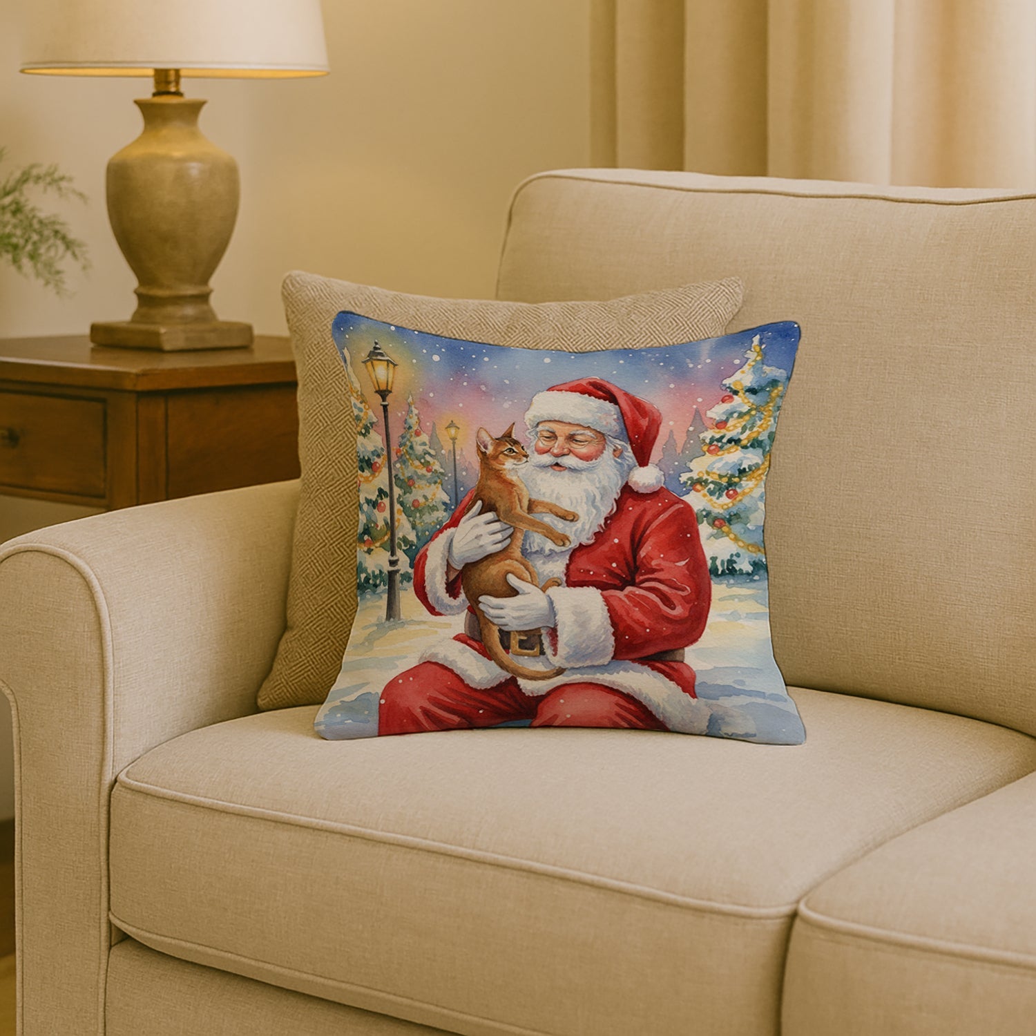Abyssinian Cat with Santa Claus Decorative Throw Pillow 18x18 Indoor Outdoor Accent Cushion, Fabric Cover with Insert for Sofa, Bed, Porch & Living Room