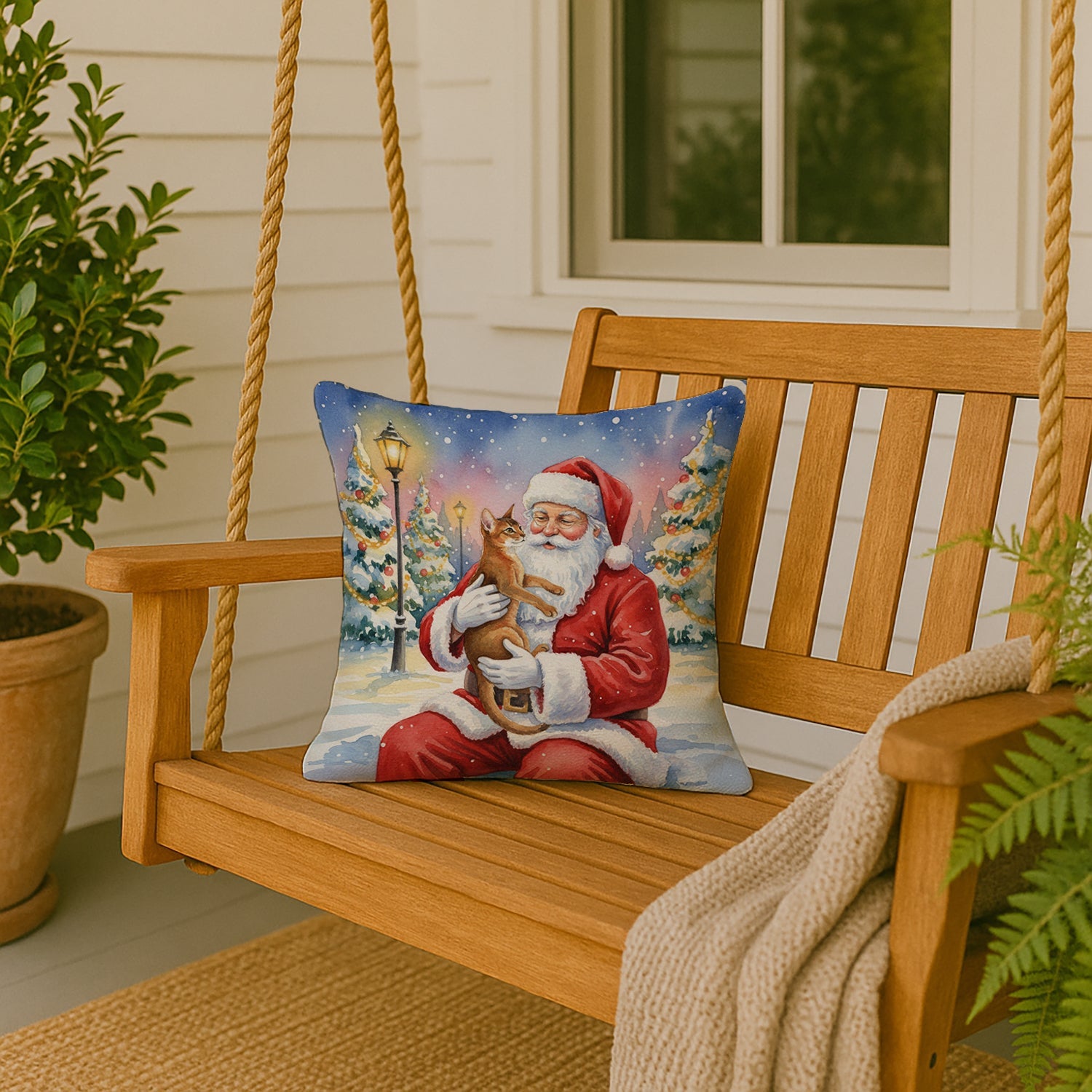 Abyssinian Cat with Santa Claus Decorative Throw Pillow 18x18 Indoor Outdoor Accent Cushion, Fabric Cover with Insert for Sofa, Bed, Porch & Living Room