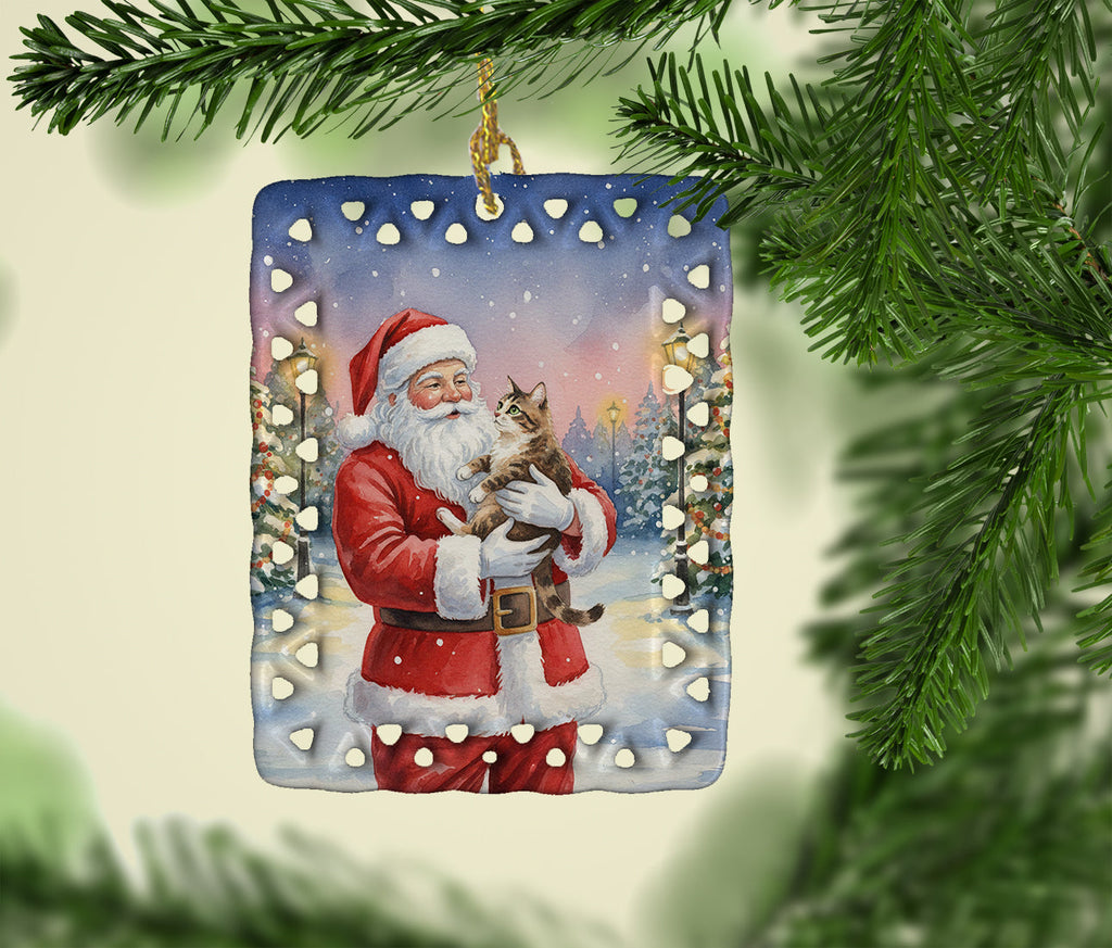 American Bobtail Cat with Santa Claus Porcelain Ornament Christmas Tree Hanging Decorations for Home Christmas Holiday, Rectangle, Gift, Multicolor