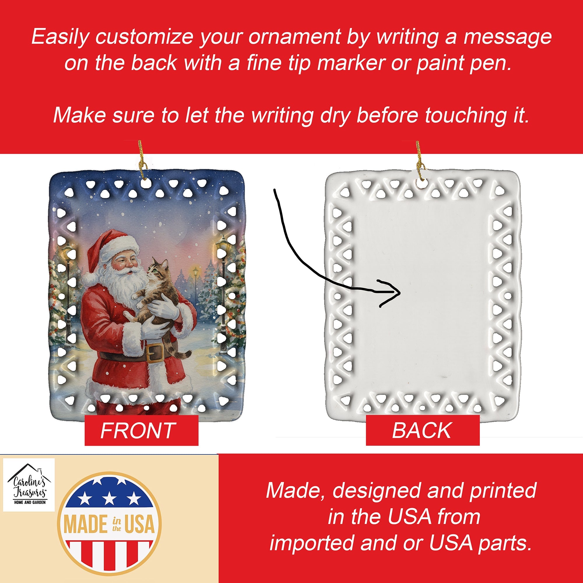 American Bobtail Cat with Santa Claus Porcelain Ornament Christmas Tree Hanging Decorations for Home Christmas Holiday, Rectangle, Gift, Multicolor