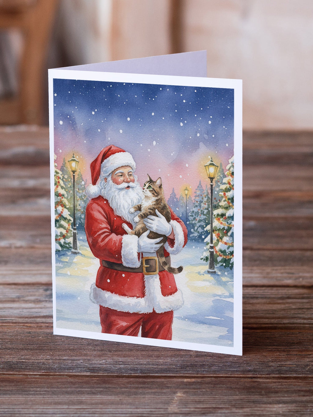 American Bobtail Cat with Santa Claus Greeting Cards Pack of 8 Blank Cards with Envelopes Whimsical A7 Size 5x7