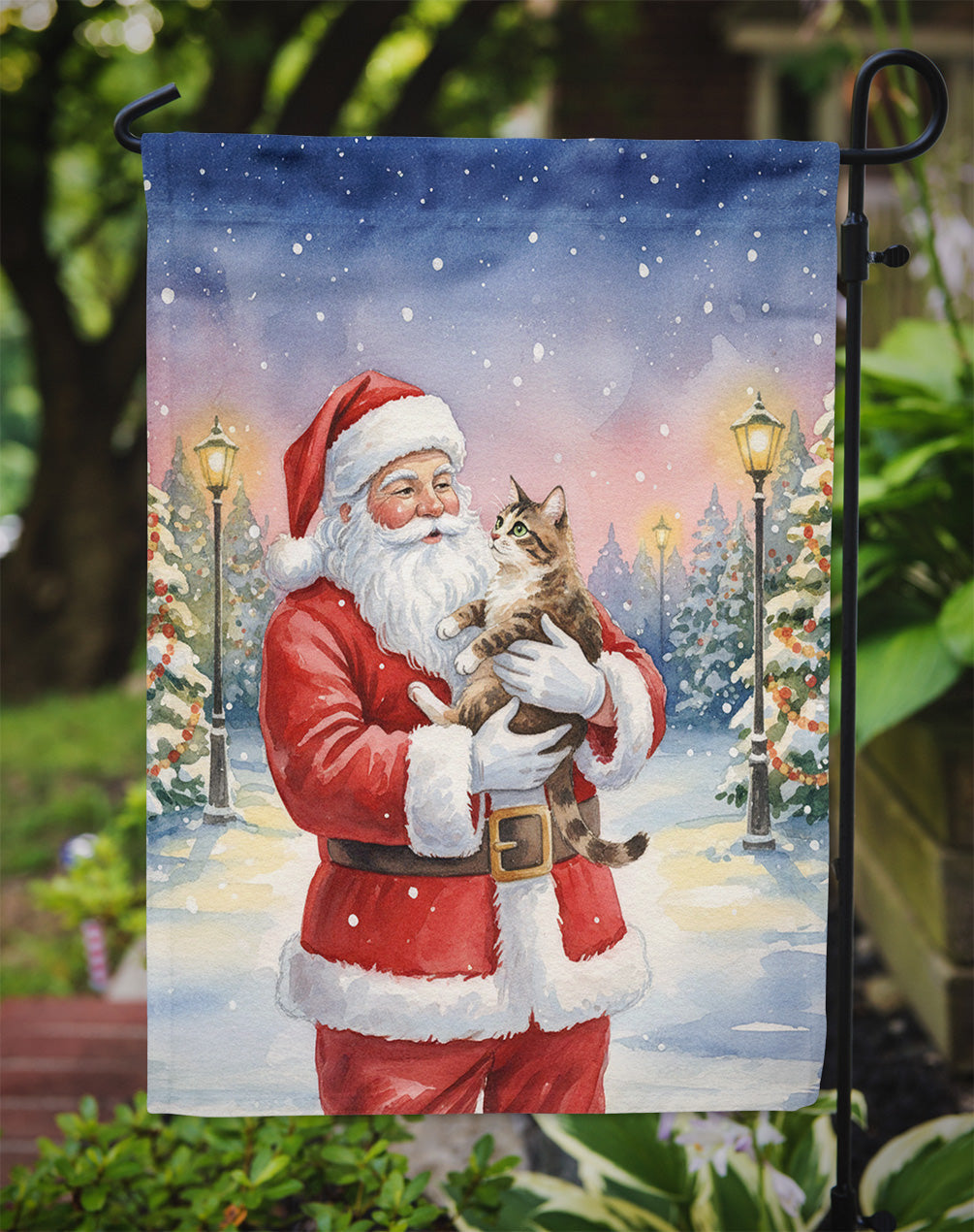 American Bobtail Cat with Santa Claus Garden Flag Mailbox Decorative Yard Banner Outside Patio Artwork for Flower Beds, Garden Size, Multicolor