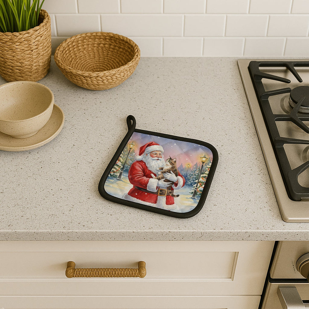 American Bobtail Cat with Santa Claus Pot Holder Set of 2 Heat Resistant Quilted Hot Pads 7.5 x 7.5 Inch, Insulated Kitchen Trivets for Cooking & Baking