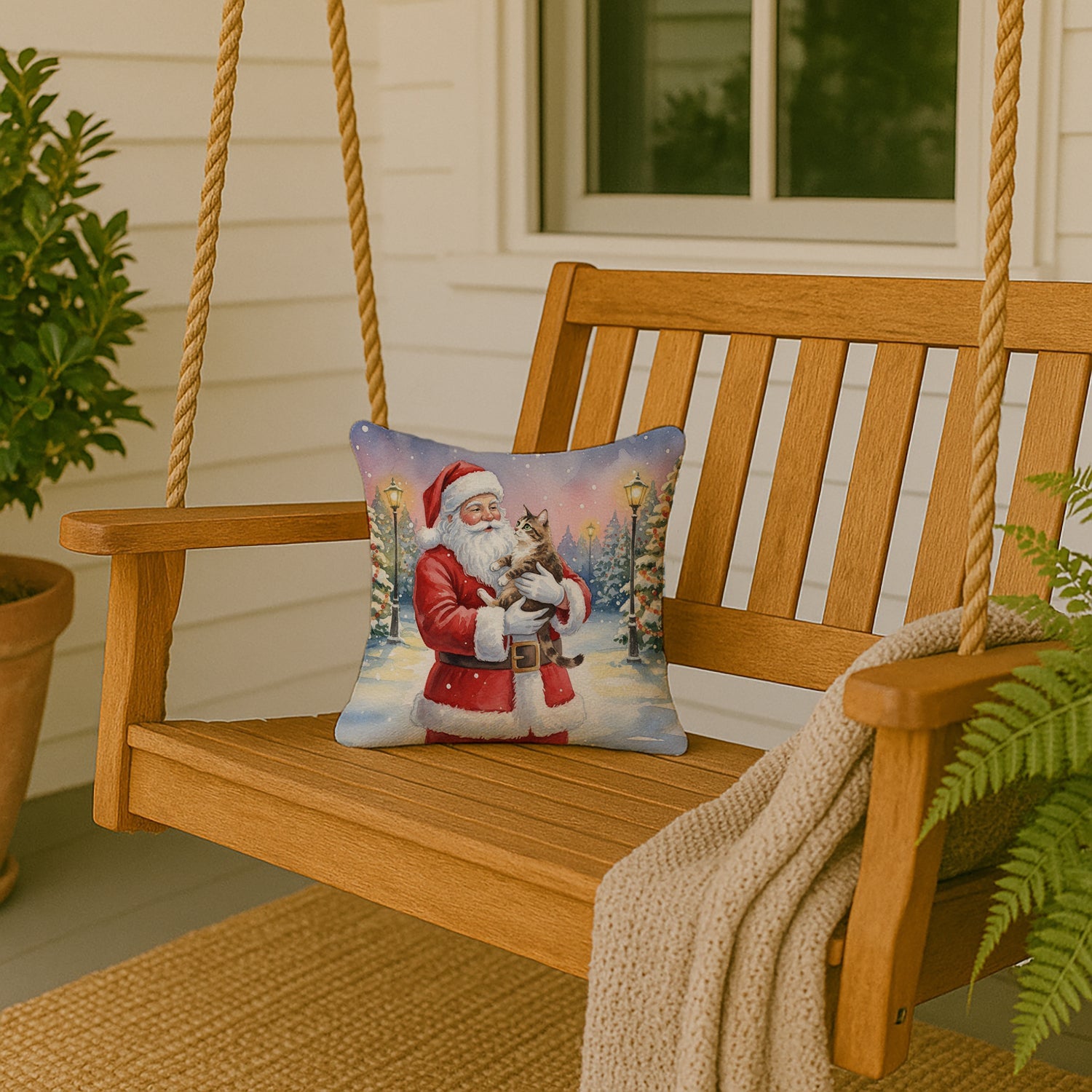 American Bobtail Cat with Santa Claus Decorative Throw Pillow 14x14 Indoor Outdoor Accent Cushion, Fabric Cover with Insert for Sofa, Bed, Porch & Living Room
