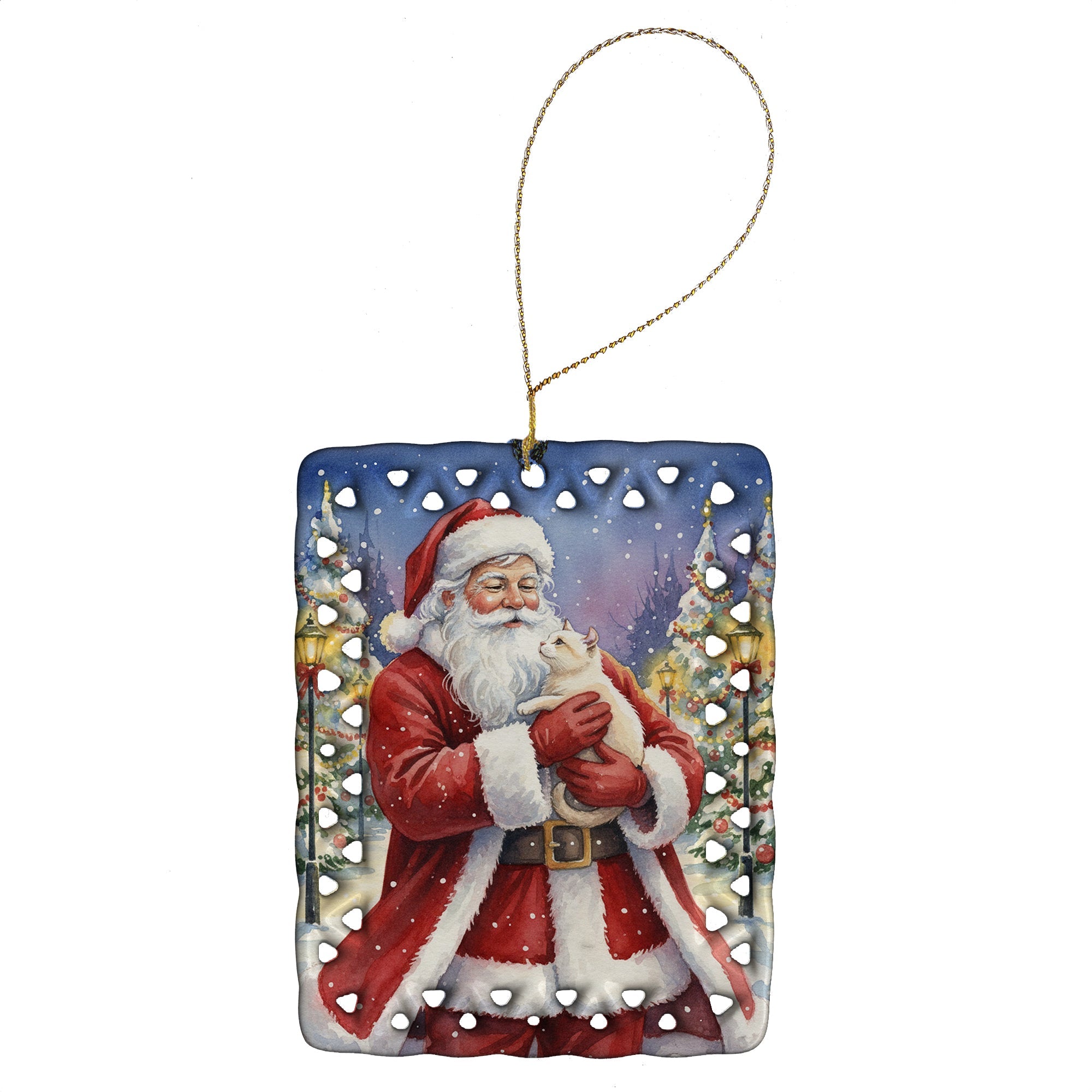 American Curl Cat with Santa Claus Porcelain Ornament Christmas Tree Hanging Decorations for Home Christmas Holiday, Rectangle, Gift, Multicolor