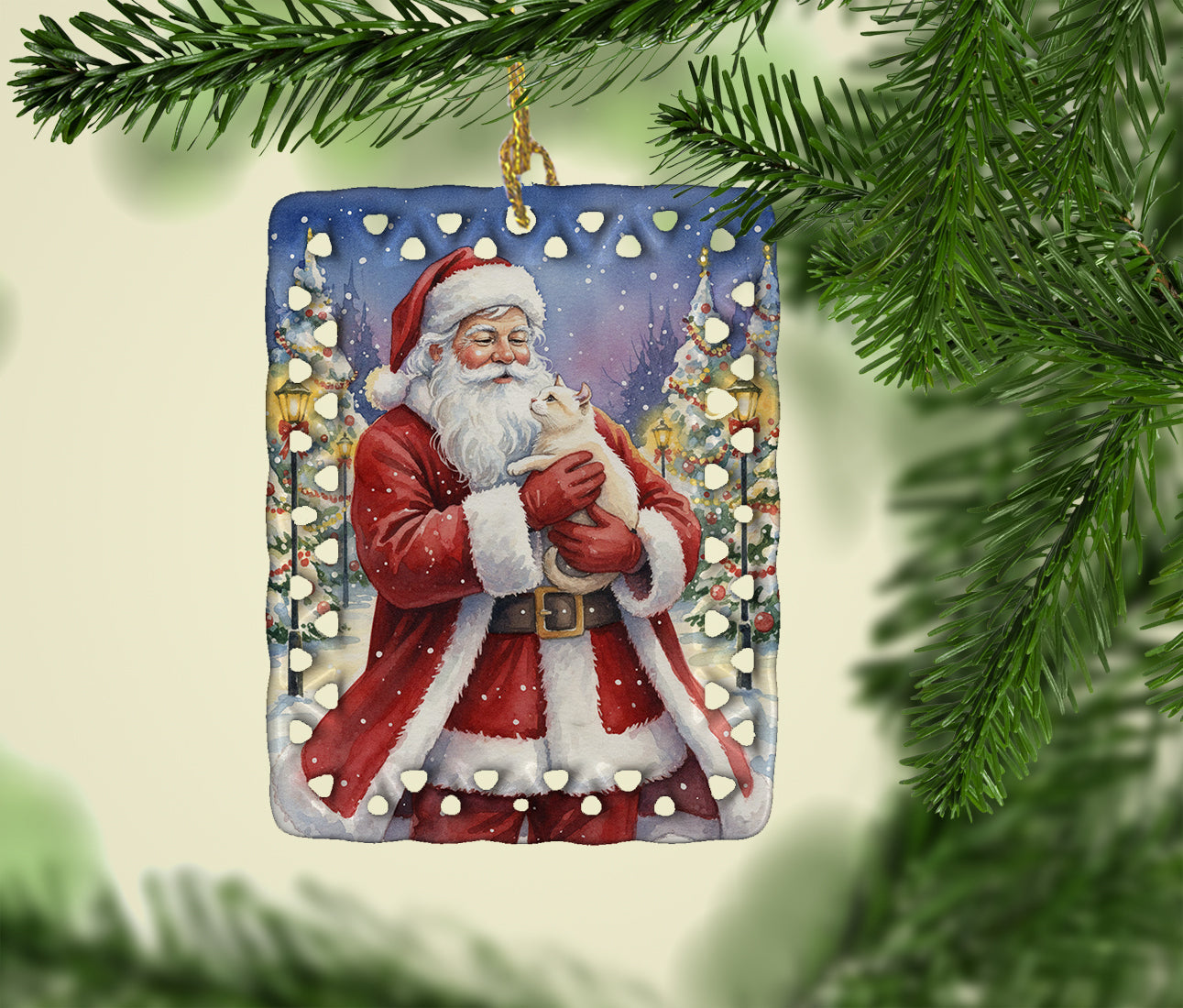 American Curl Cat with Santa Claus Porcelain Ornament Christmas Tree Hanging Decorations for Home Christmas Holiday, Rectangle, Gift, Multicolor
