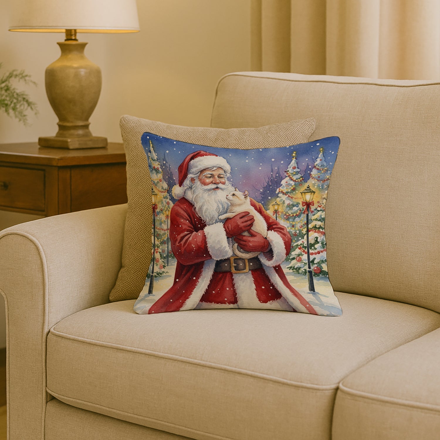 American Curl Cat with Santa Claus Decorative Throw Pillow 18x18 Indoor Outdoor Accent Cushion, Fabric Cover with Insert for Sofa, Bed, Porch & Living Room