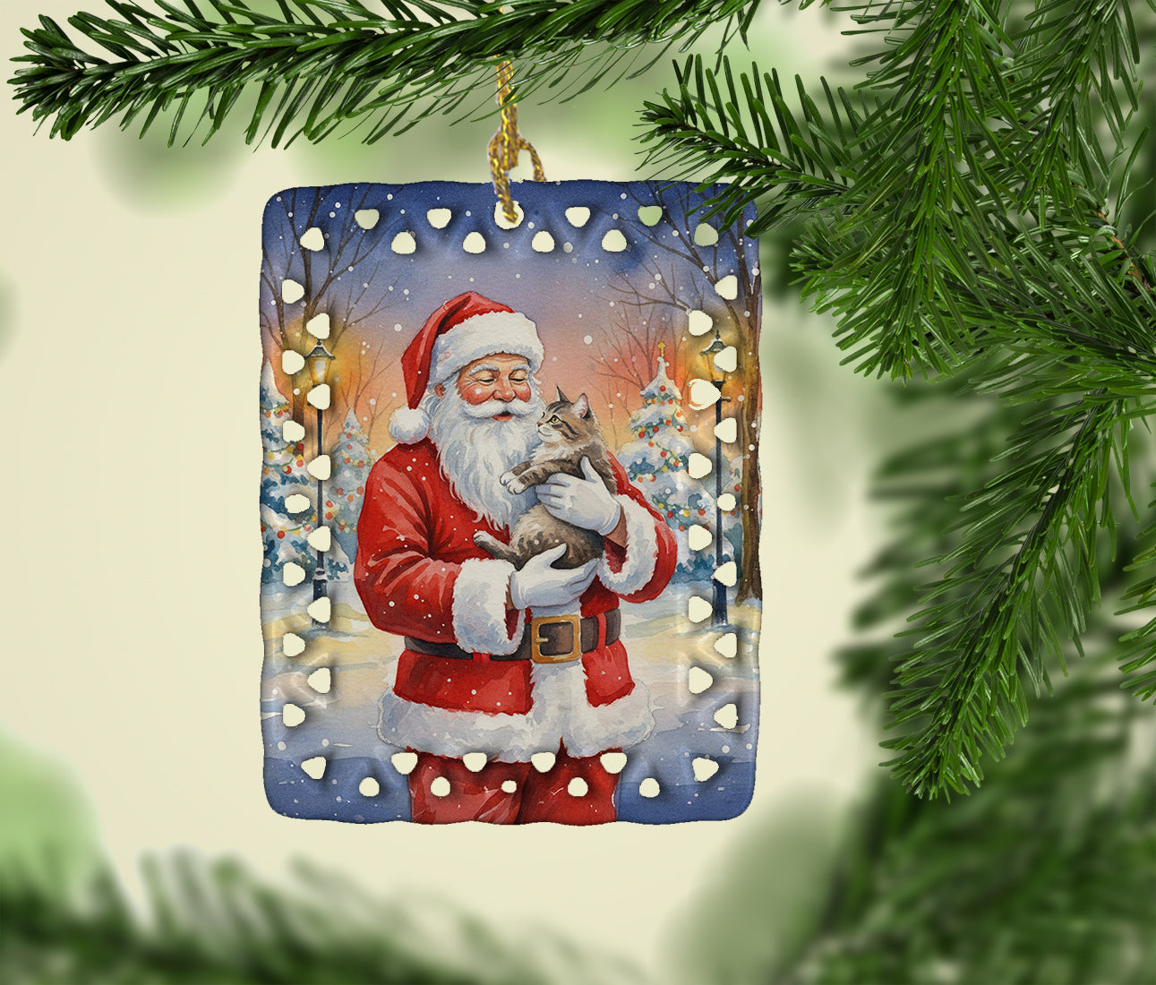 American Shorthair Cat with Santa Claus Porcelain Ornament Christmas Tree Hanging Decorations for Home Christmas Holiday, Rectangle, Gift, Multicolor