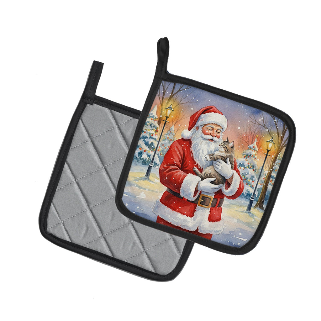 American Shorthair Cat with Santa Claus Pot Holder Set of 2 Heat Resistant Quilted Hot Pads 7.5 x 7.5 Inch, Insulated Kitchen Trivets for Cooking & Baking