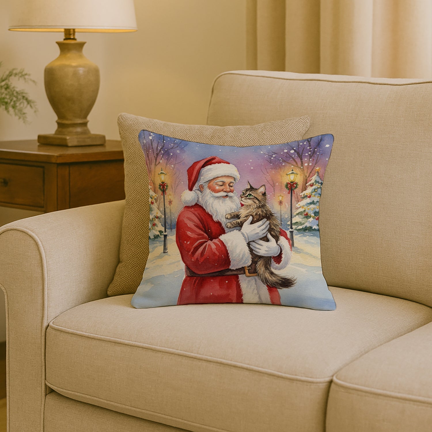American Wirehair Cat with Santa Claus Decorative Throw Pillow 18x18 Indoor Outdoor Accent Cushion, Fabric Cover with Insert for Sofa, Bed, Porch & Living Room