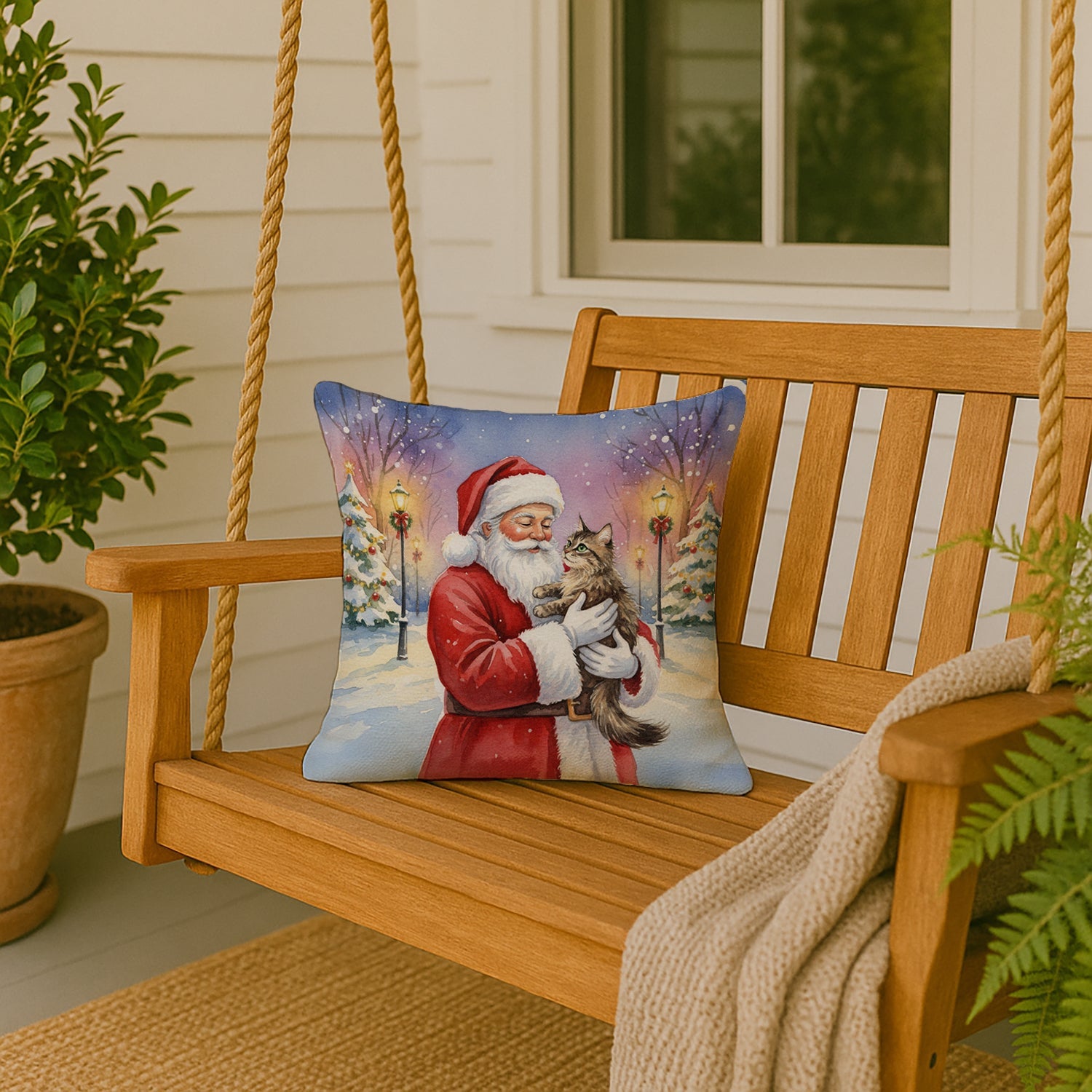 American Wirehair Cat with Santa Claus Decorative Throw Pillow 18x18 Indoor Outdoor Accent Cushion, Fabric Cover with Insert for Sofa, Bed, Porch & Living Room