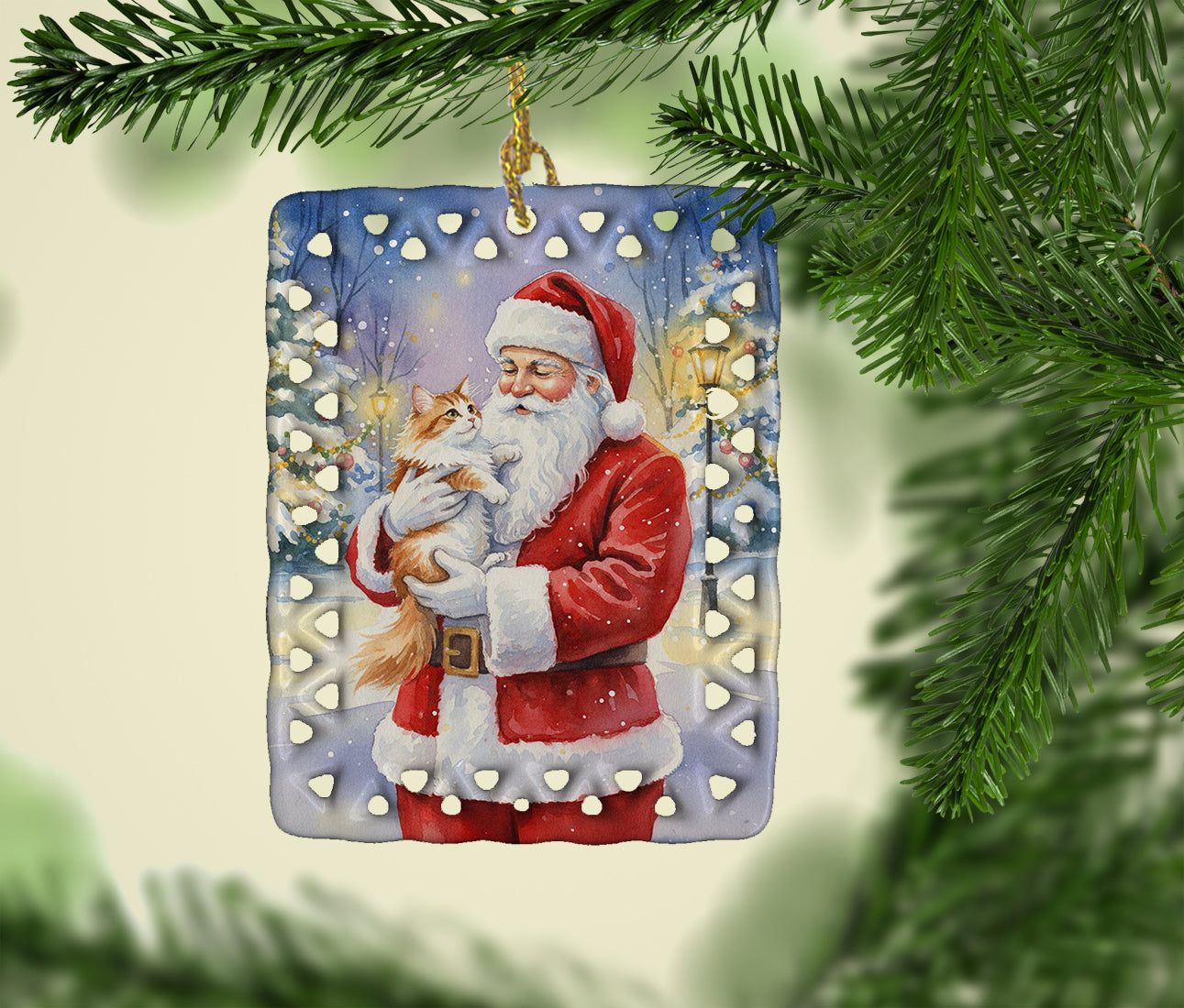 Asian Cat with Santa Claus Porcelain Ornament Christmas Tree Hanging Decorations for Home Christmas Holiday, Rectangle, Gift, Multicolor