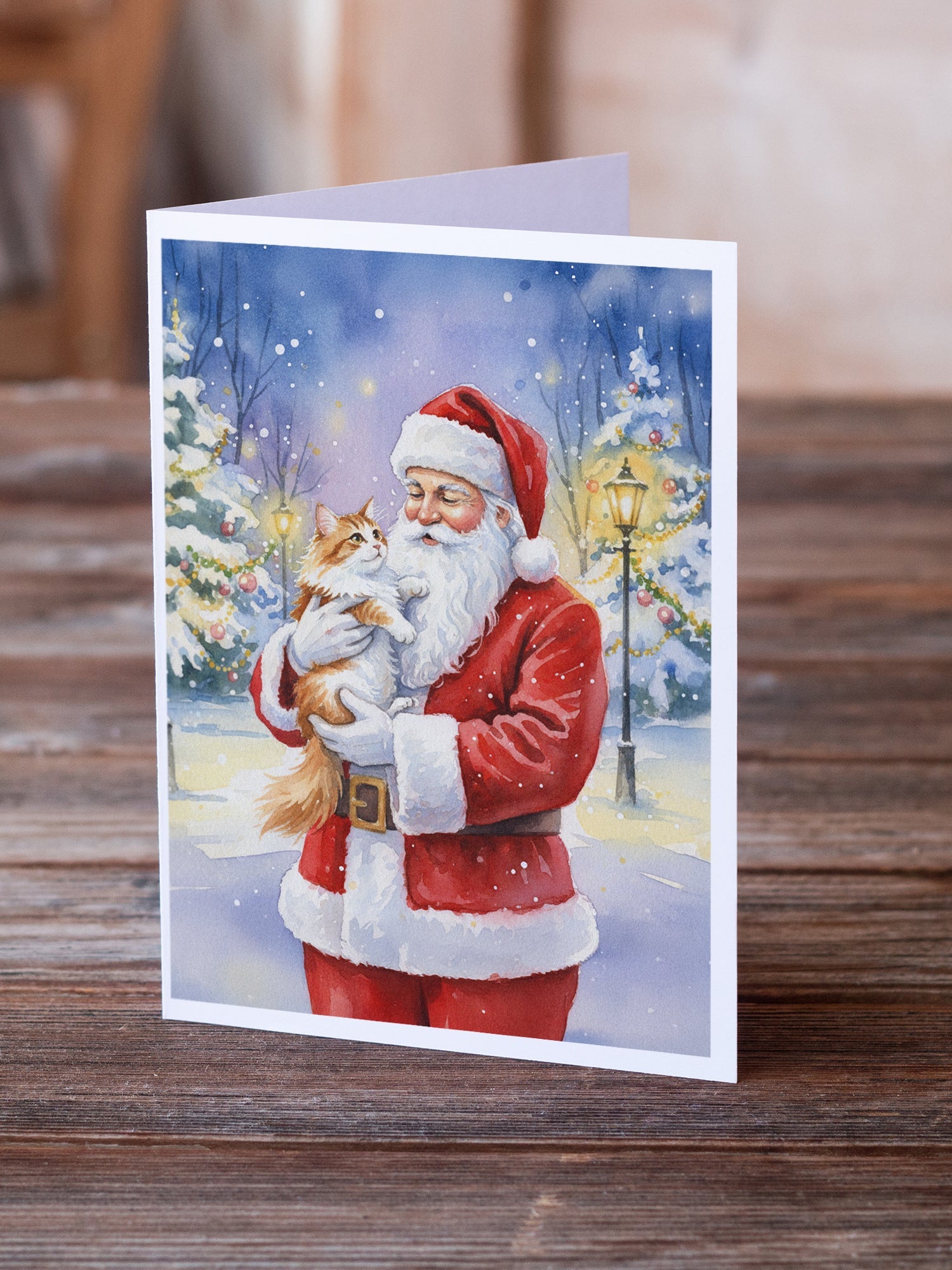 Asian Cat with Santa Claus Greeting Cards Pack of 8 Blank Cards with Envelopes Whimsical A7 Size 5x7