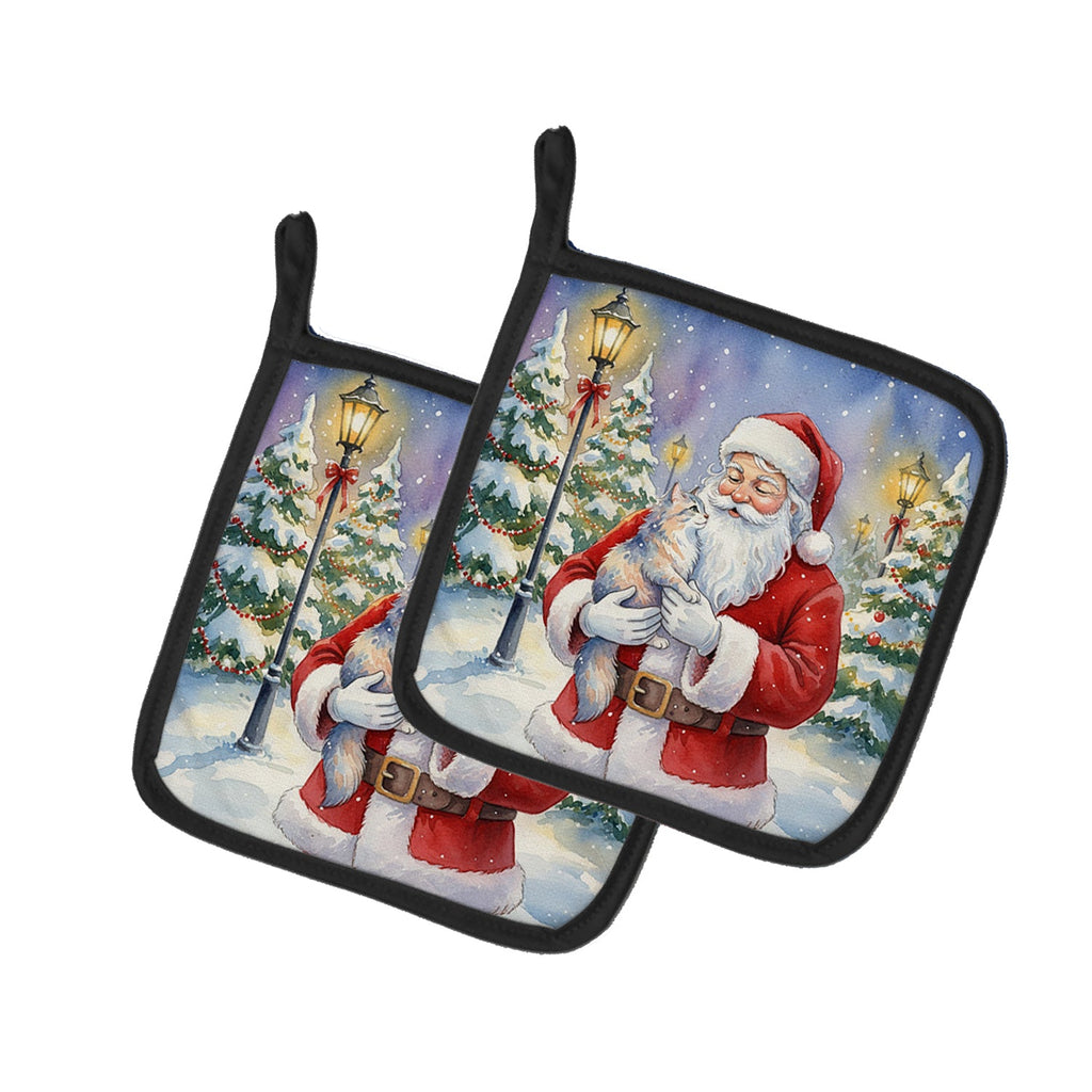 Australian Mist Cat with Santa Claus Pot Holder Set of 2 Heat Resistant Quilted Hot Pads 7.5 x 7.5 Inch, Insulated Kitchen Trivets for Cooking & Baking