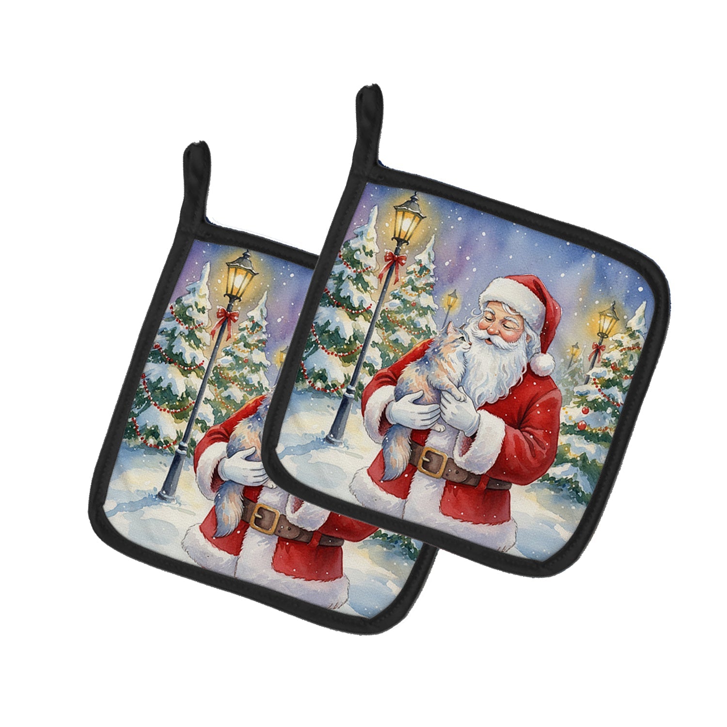 Australian Mist Cat with Santa Claus Pot Holder Set of 2 Heat Resistant Quilted Hot Pads 7.5 x 7.5 Inch, Insulated Kitchen Trivets for Cooking & Baking