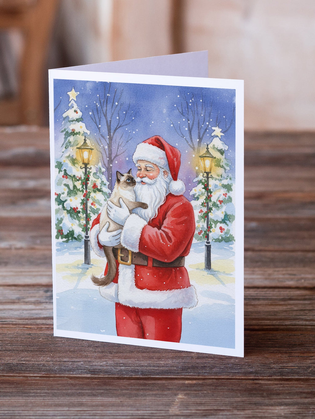 Balinese Cat with Santa Claus Greeting Cards Pack of 8 Blank Cards with Envelopes Whimsical A7 Size 5x7