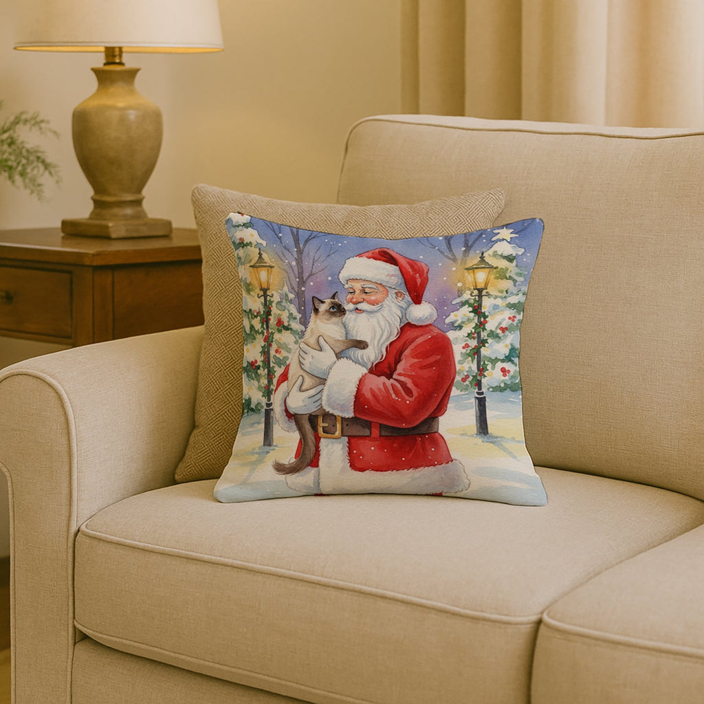 Balinese Cat with Santa Claus Decorative Throw Pillow 18x18 Indoor Outdoor Accent Cushion, Fabric Cover with Insert for Sofa, Bed, Porch & Living Room
