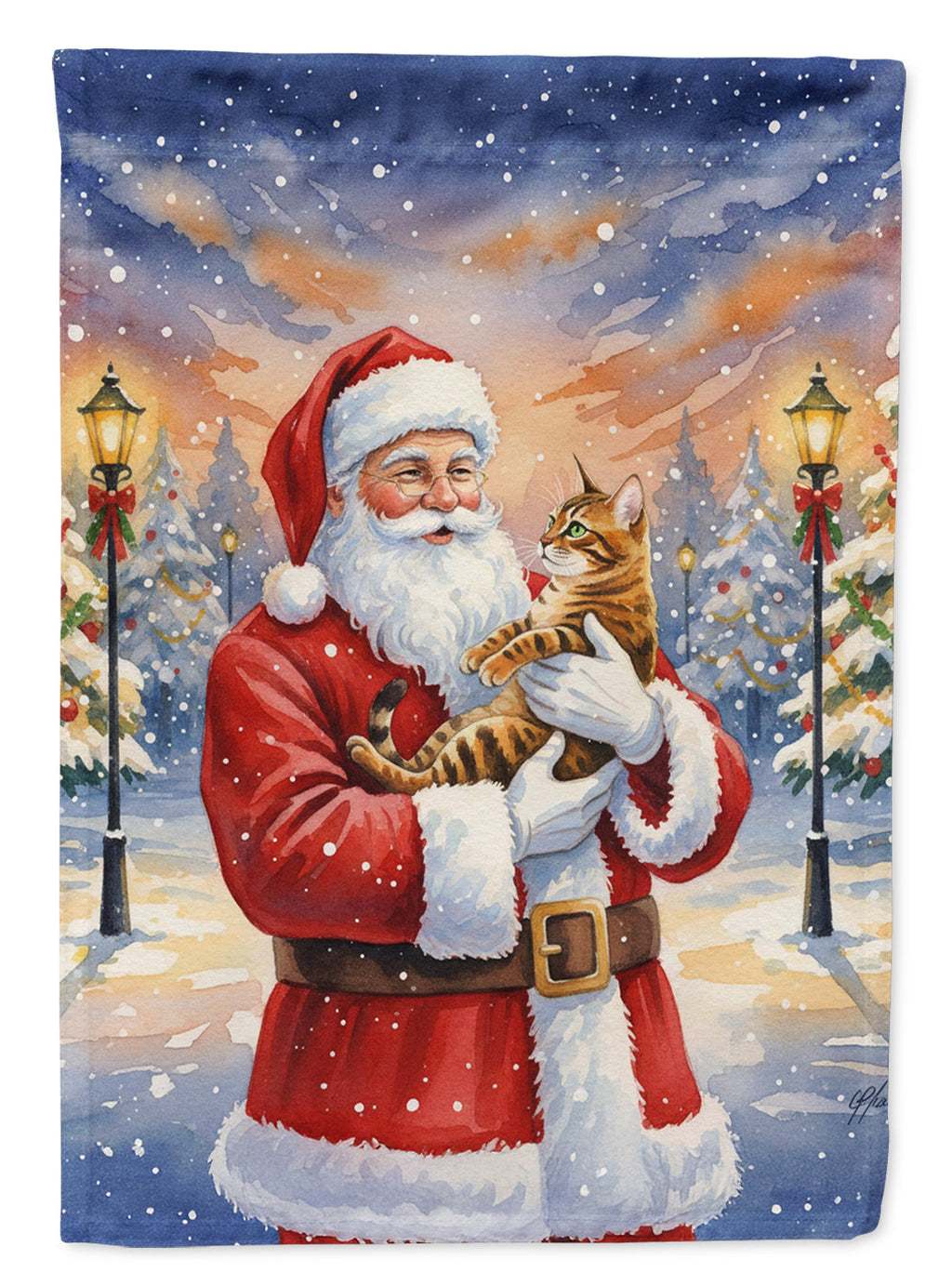 Bengal Cat with Santa Claus House Flag 28x40 Porch Sleeve Pole Decorative Outside Yard Banner Artwork Wall Hanging, Polyester
