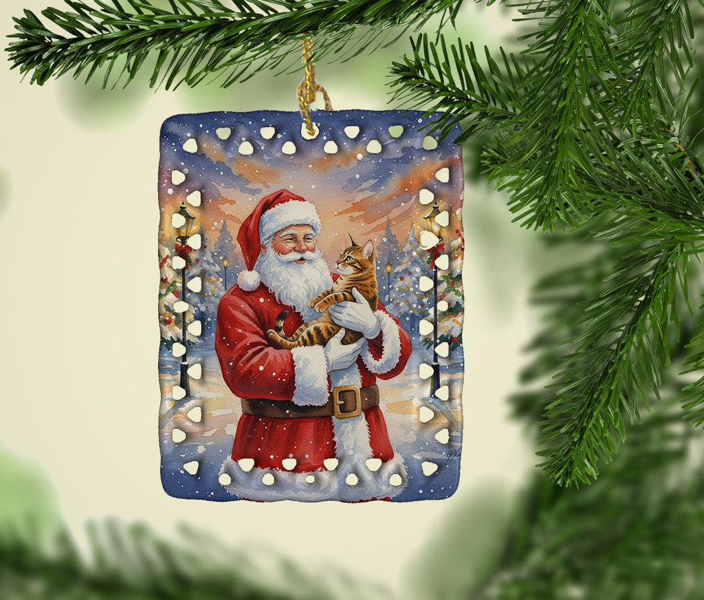 Bengal Cat with Santa Claus Porcelain Ornament Christmas Tree Hanging Decorations for Home Christmas Holiday, Rectangle, Gift, Multicolor