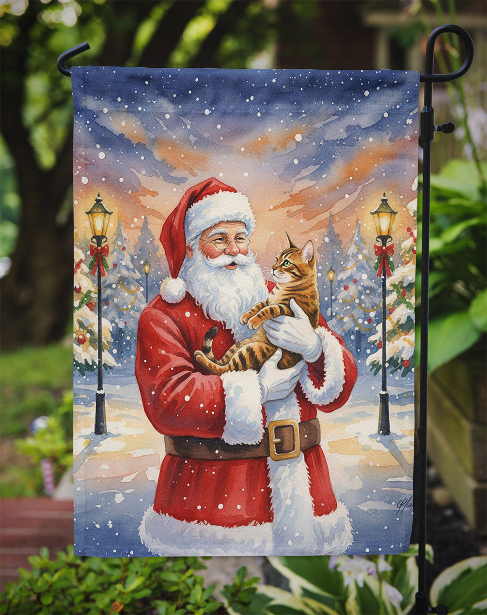 Bengal Cat with Santa Claus Garden Flag Mailbox Decorative Yard Banner Outside Patio Artwork for Flower Beds, Garden Size, Multicolor