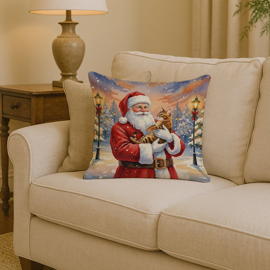 Bengal Cat with Santa Claus Decorative Throw Pillow 14x14 Indoor Outdoor Accent Cushion, Fabric Cover with Insert for Sofa, Bed, Porch & Living Room