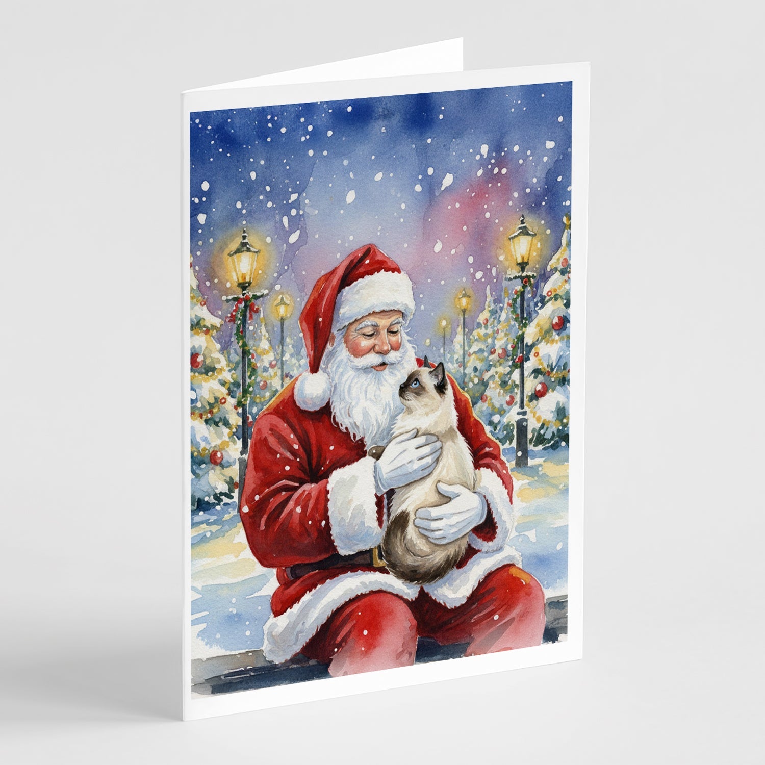 Birman Cat with Santa Claus Greeting Cards Pack of 8 Blank Cards with Envelopes Whimsical A7 Size 5x7
