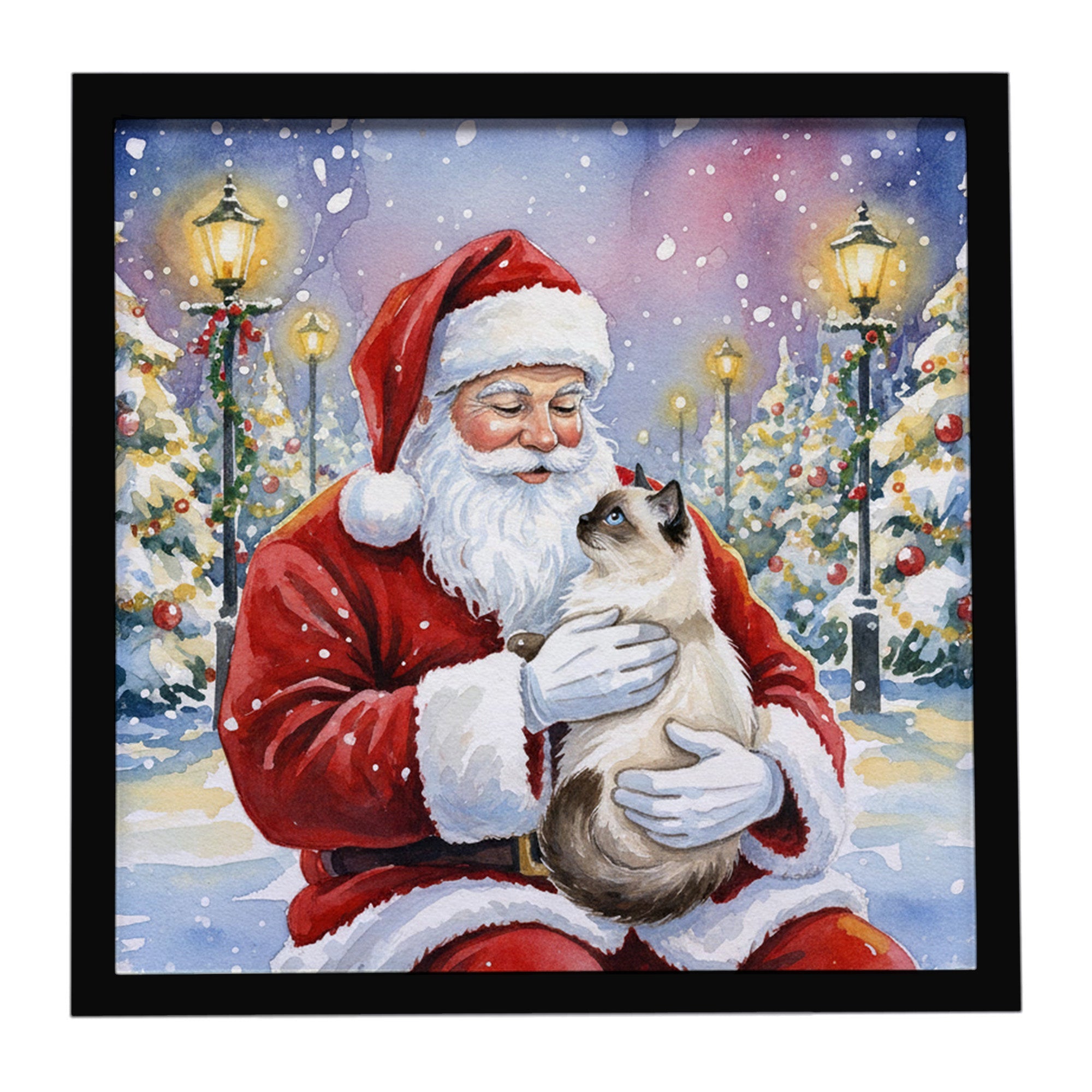 Birman Cat with Santa Claus Framed Metal Print Bathroom, Kitchen, Office, Home Decor Wall Art Ready to Hang, Square, 8X8