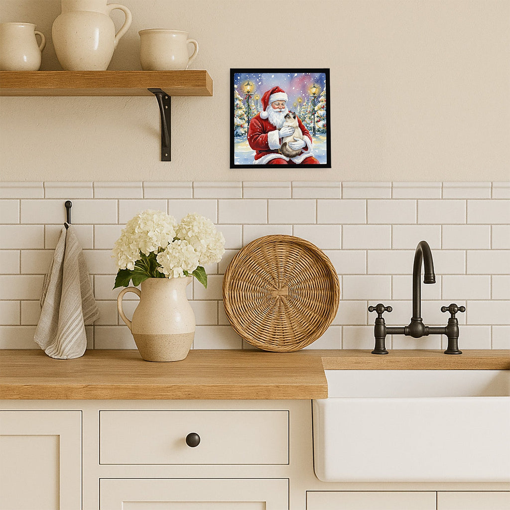 Birman Cat with Santa Claus Framed Metal Print Bathroom, Kitchen, Office, Home Decor Wall Art Ready to Hang, Square, 8X8