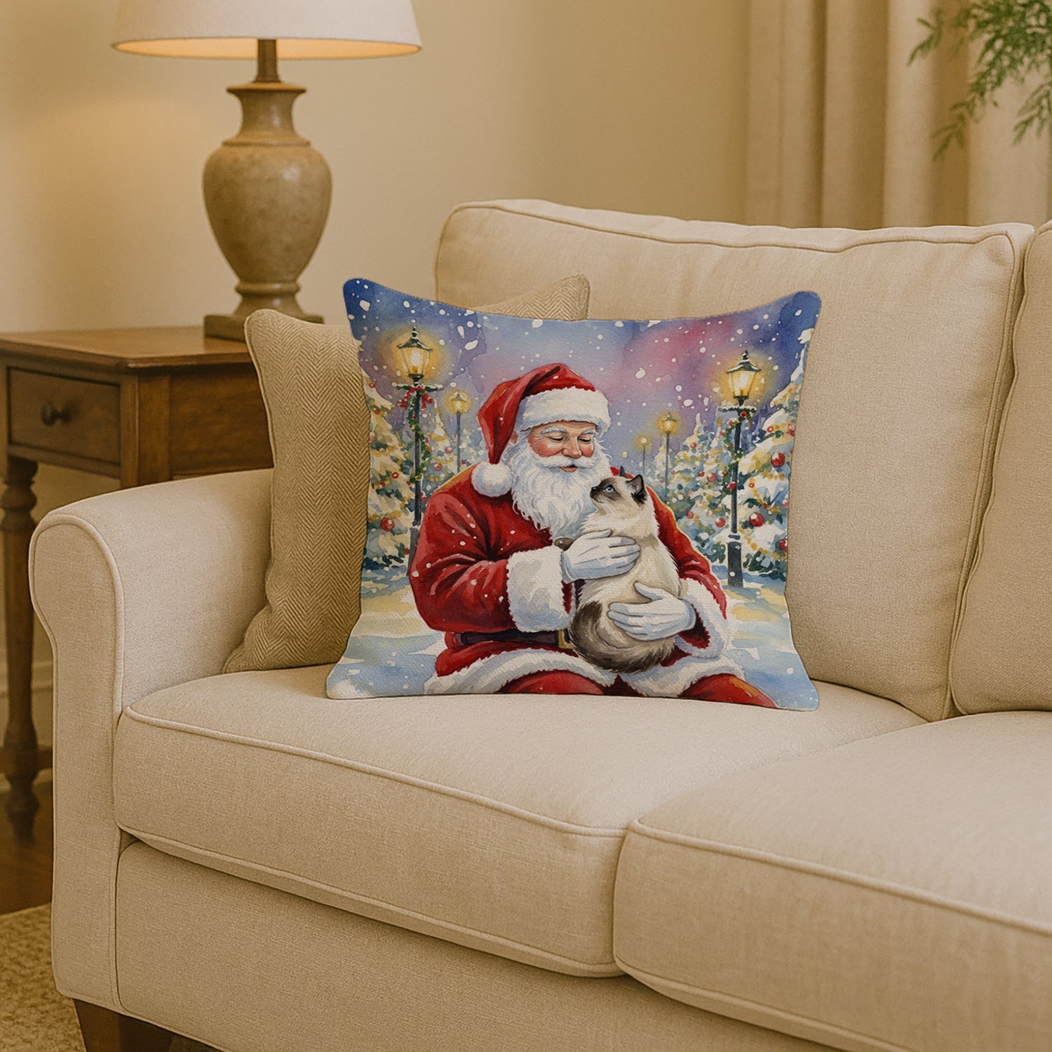 Birman Cat with Santa Claus Decorative Throw Pillow 14x14 Indoor Outdoor Accent Cushion, Fabric Cover with Insert for Sofa, Bed, Porch & Living Room