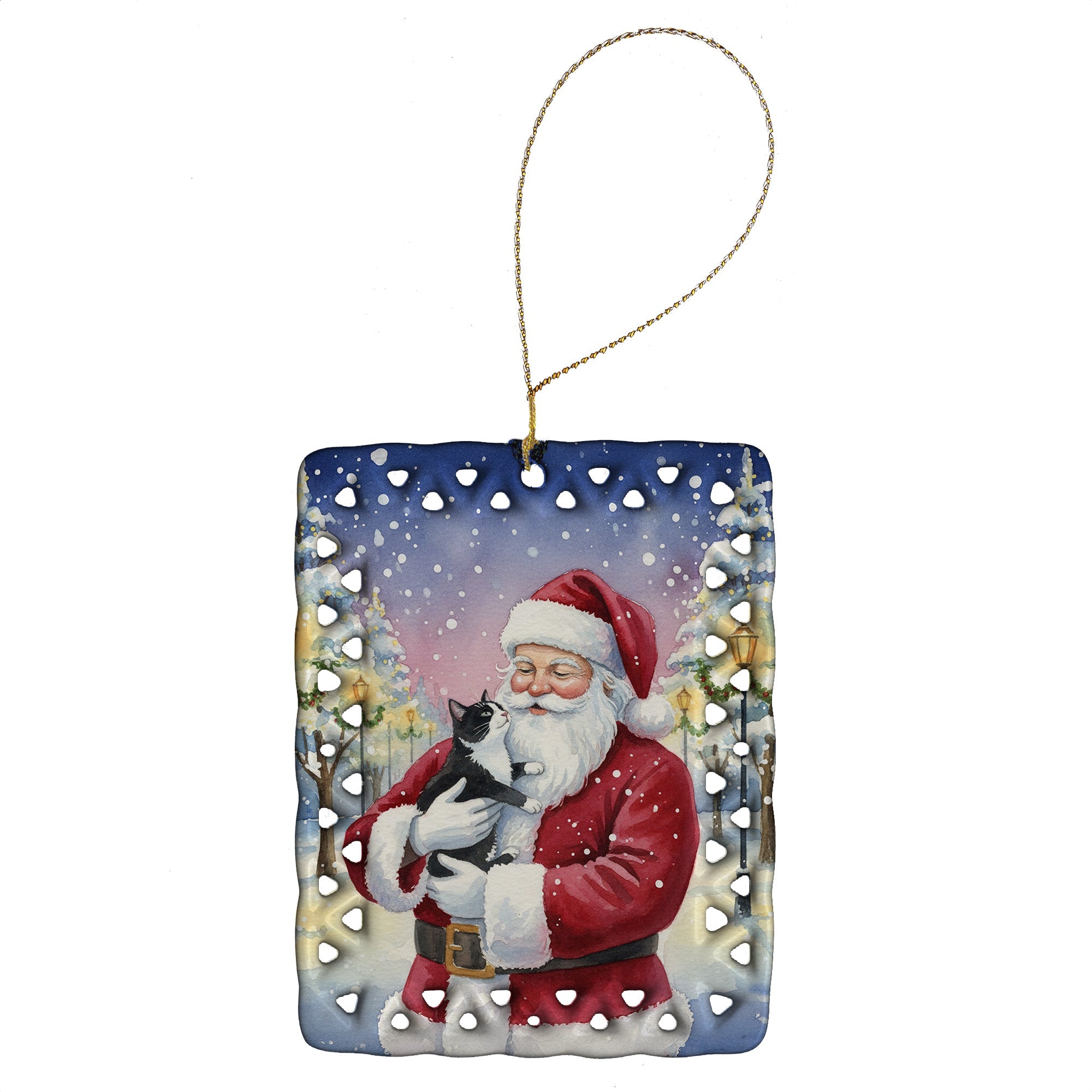 Black & White Tuxedo Cat with Santa Claus Porcelain Ornament Christmas Tree Hanging Decorations for Home Christmas Holiday, Rectangle, Gift, Multicolor