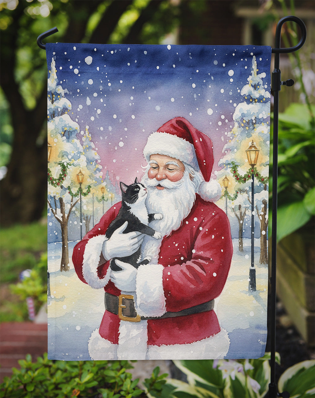 Black & White Tuxedo Cat with Santa Claus Garden Flag Mailbox Decorative Yard Banner Outside Patio Artwork for Flower Beds, Garden Size, Multicolor