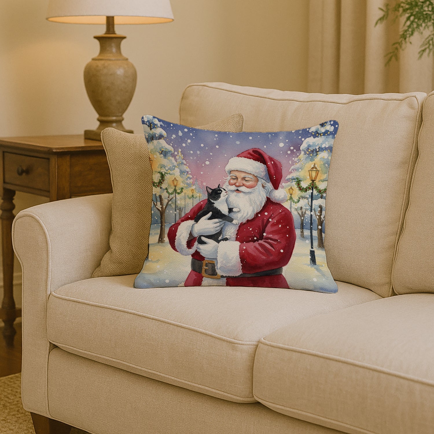 Black & White Tuxedo Cat with Santa Claus Decorative Throw Pillow 14x14 Indoor Outdoor Accent Cushion, Fabric Cover with Insert for Sofa, Bed, Porch & Living Room