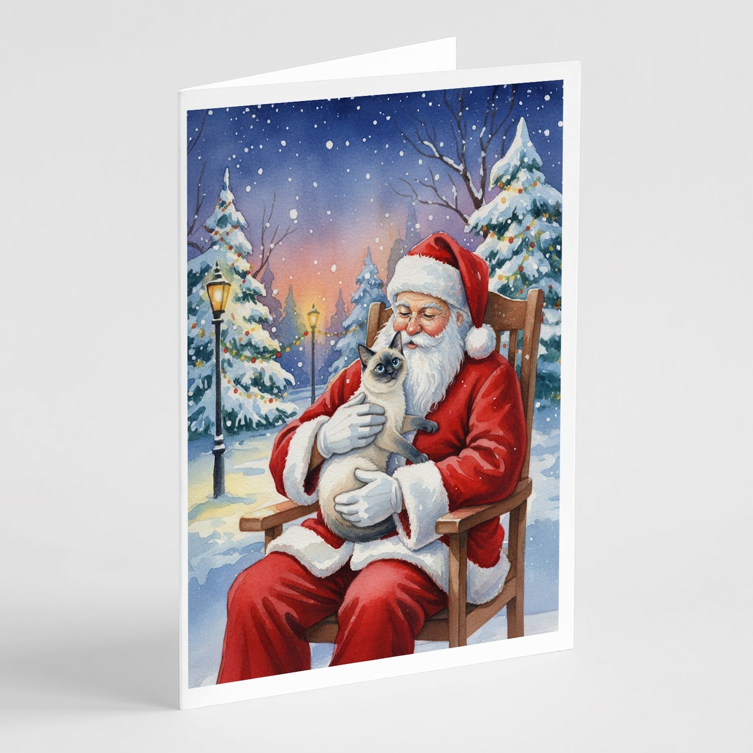 Blue Point Cat with Santa Claus Greeting Cards Pack of 8 Blank Cards with Envelopes Whimsical A7 Size 5x7