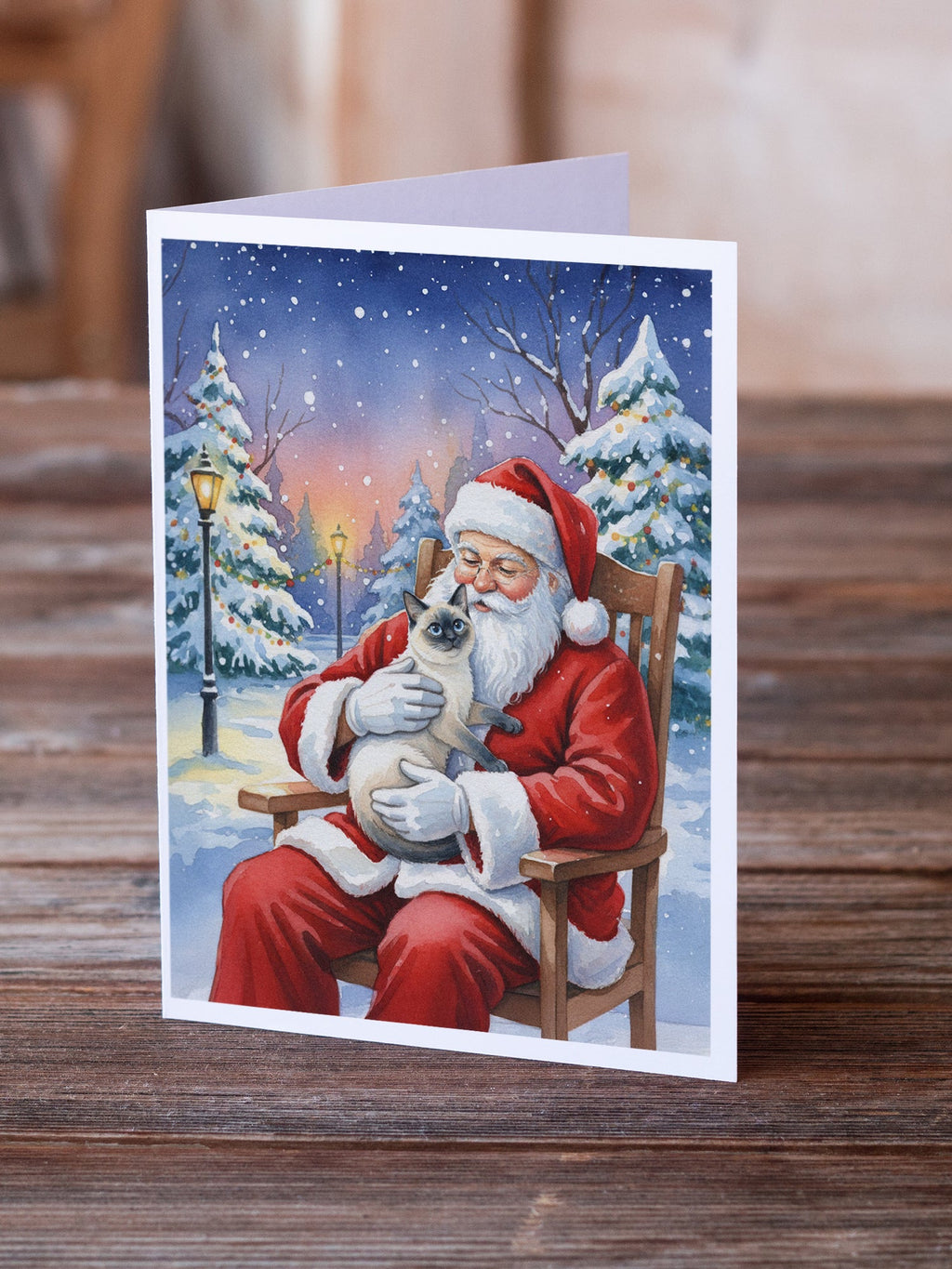 Blue Point Cat with Santa Claus Greeting Cards Pack of 8 Blank Cards with Envelopes Whimsical A7 Size 5x7