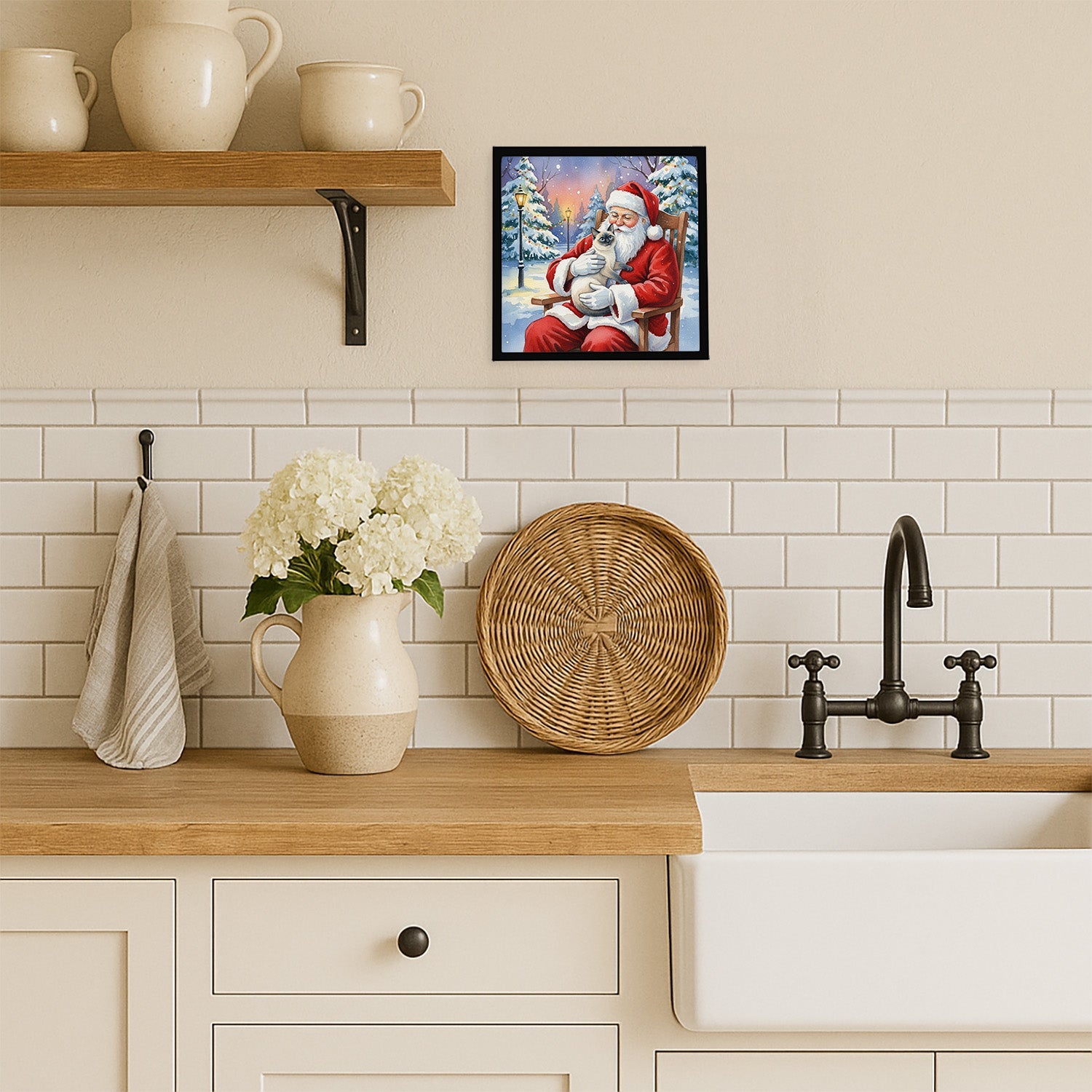 Blue Point Cat with Santa Claus Framed Metal Print Bathroom, Kitchen, Office, Home Decor Wall Art Ready to Hang, Square, 8X8
