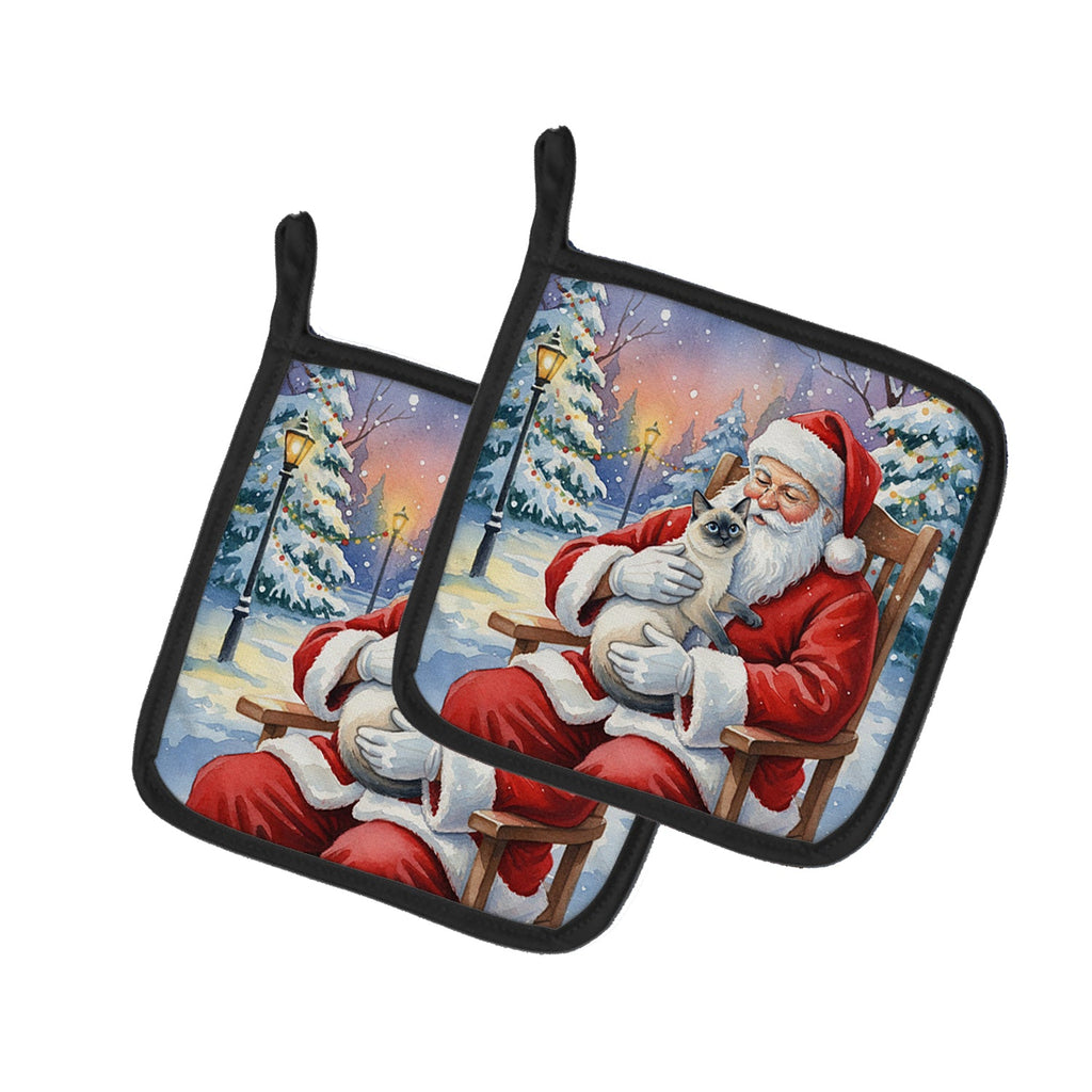 Blue Point Cat with Santa Claus Pot Holder Set of 2 Heat Resistant Quilted Hot Pads 7.5 x 7.5 Inch, Insulated Kitchen Trivets for Cooking & Baking